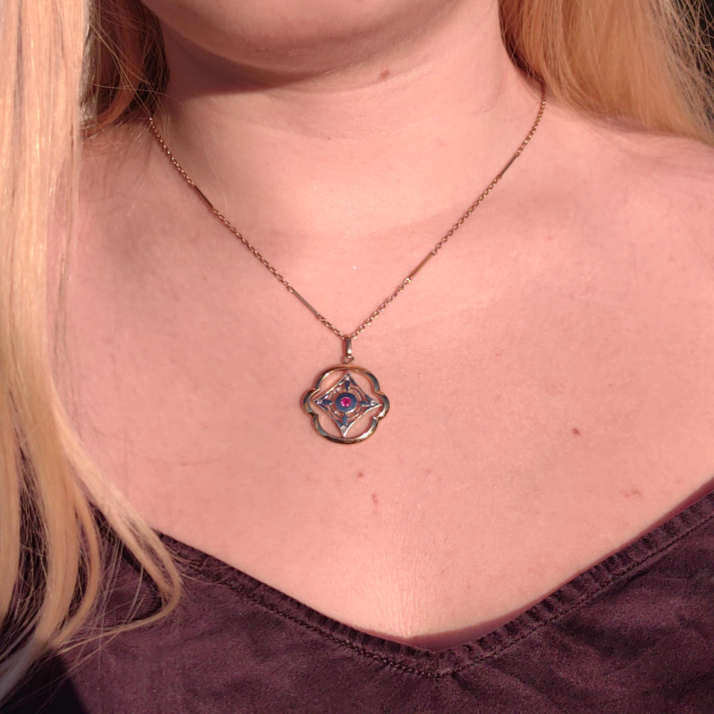 Art Nouveau Diamond Ruby Pendant 18k Solid Yellow and White Gold Geometric Openwork Pendant  1900s Vintage Gift for Her