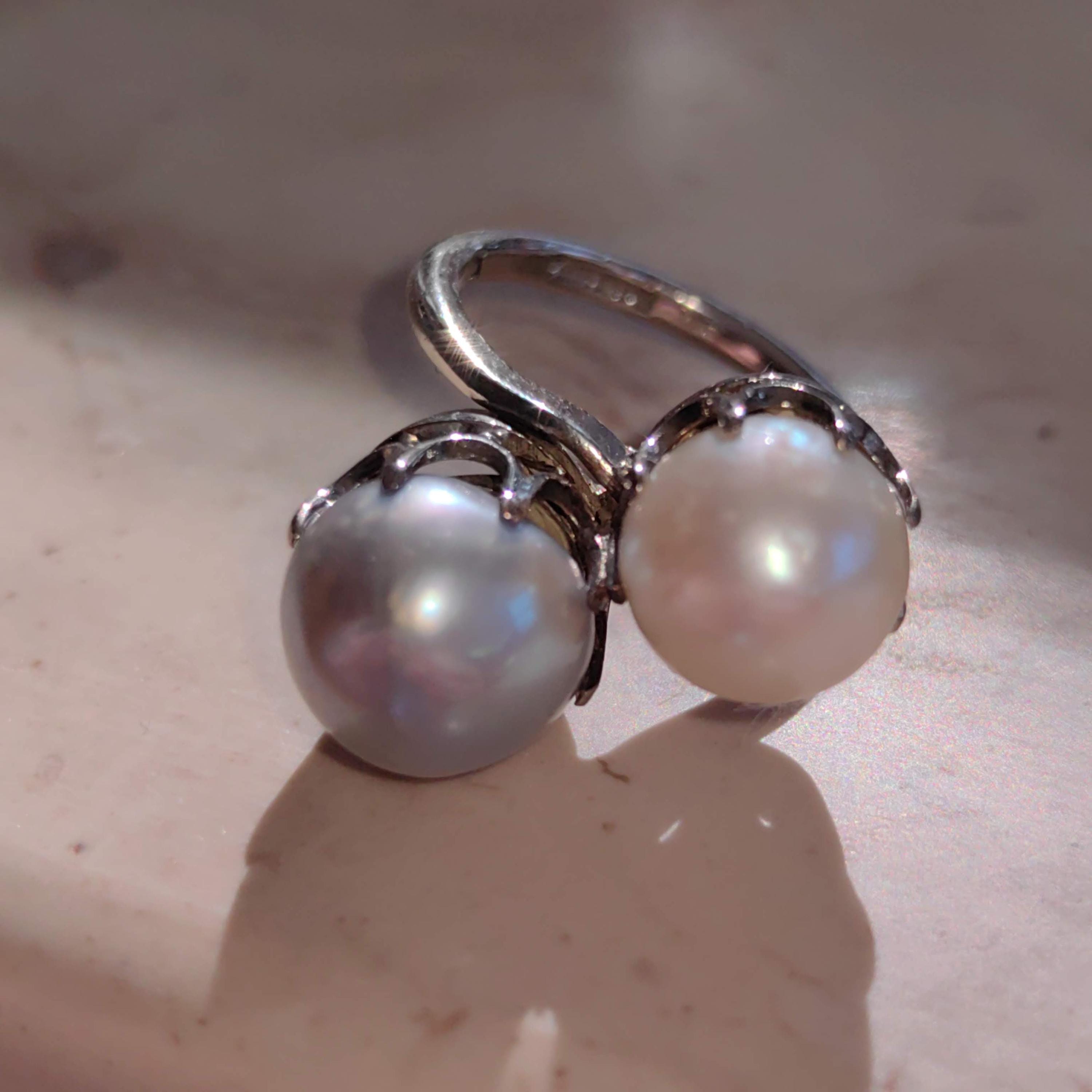 Antique Platinum Two-Tone Pearl Cocktail Ring - Size 5.5