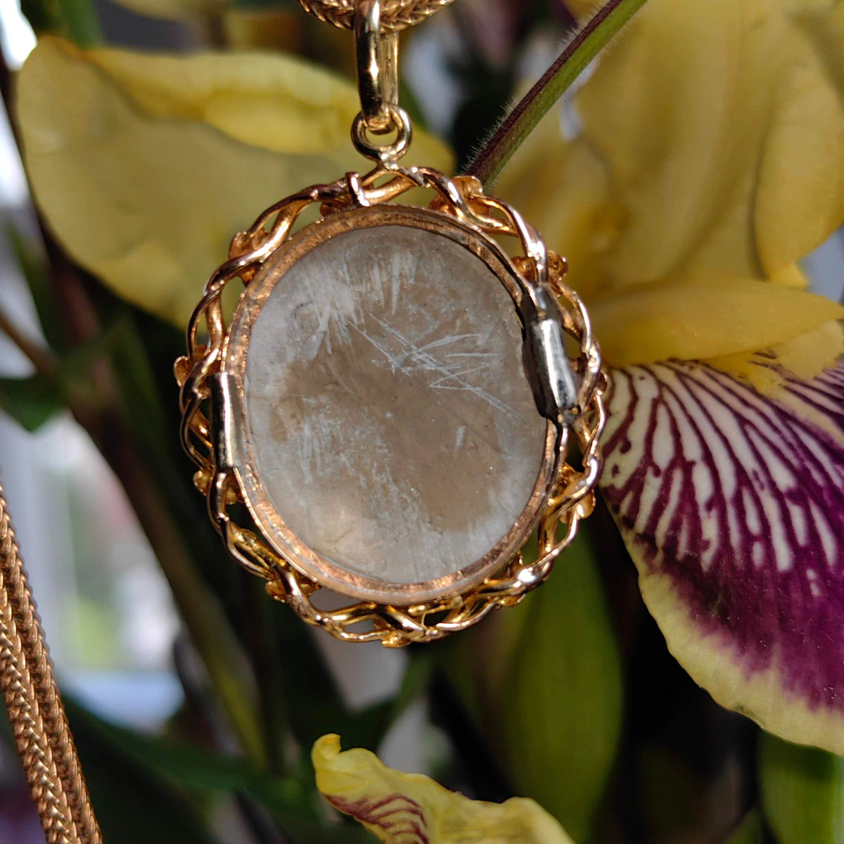 Victorian Hand Carved Lava Cameo Pendant - 14K Gold Framed