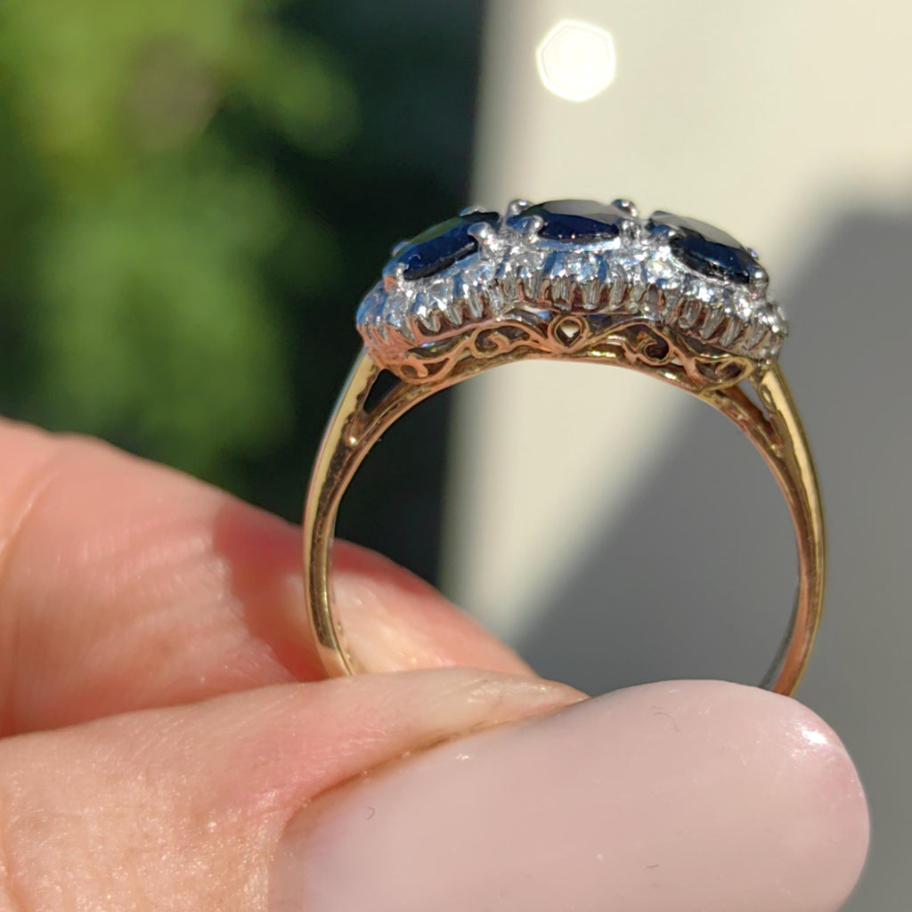 Victorian Style Sapphire Diamond Ring: 14k Yellow Gold, 1950s Vintage