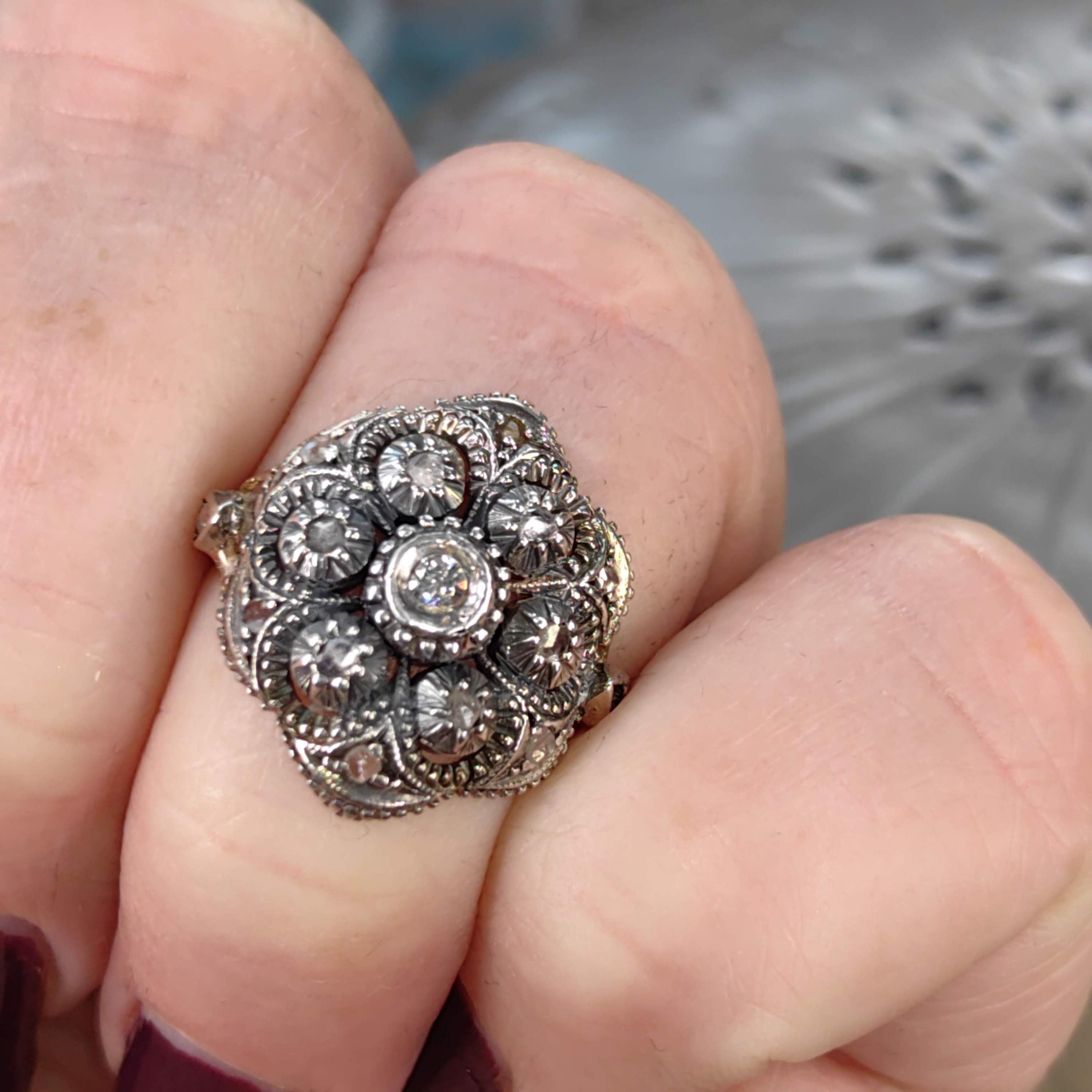 Antique Art Deco 1920s natural Old European Rose Diamond Engagement Ring 18k Solid yellow Gold Silver Setting Floral Statement Ring Gift