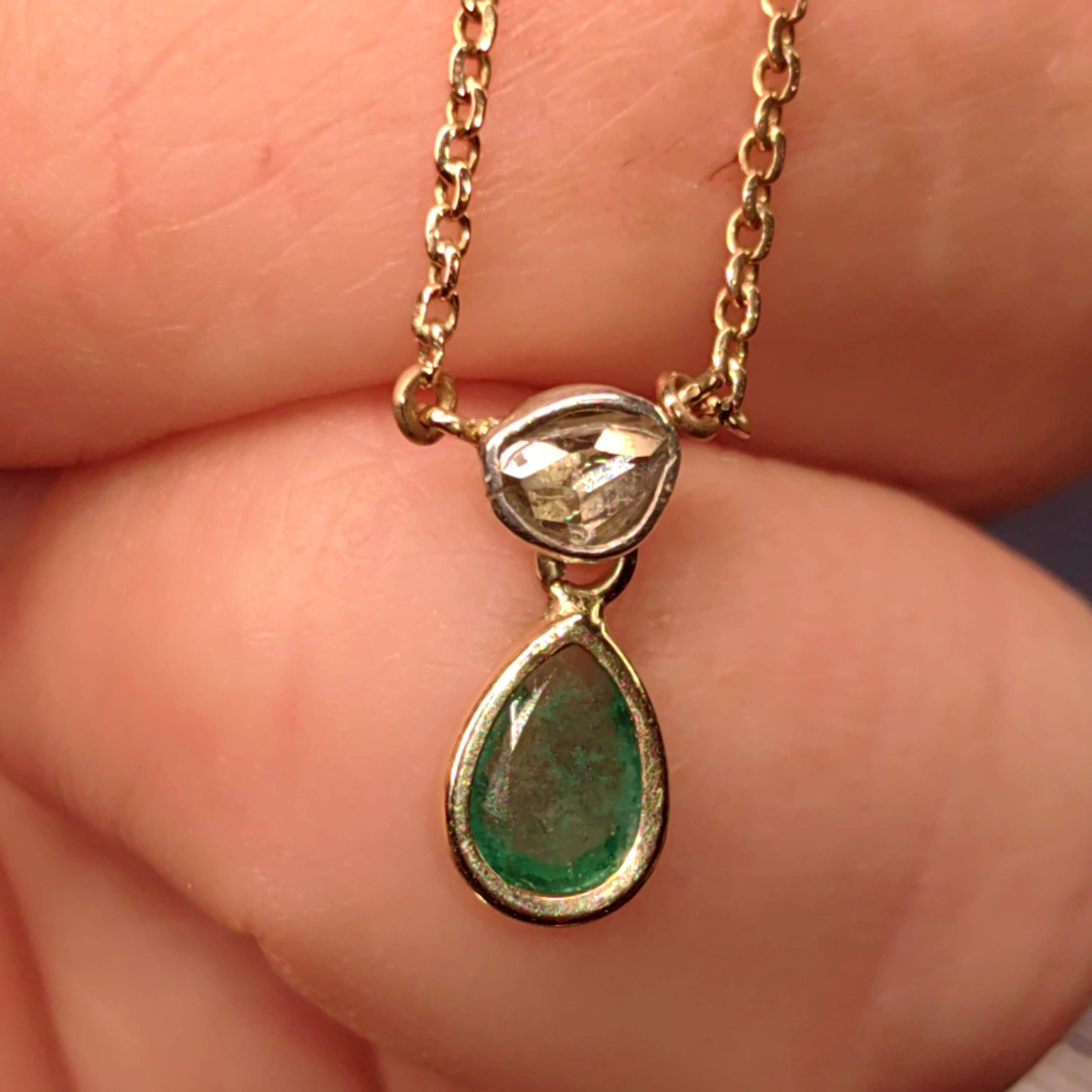 Genuine Emerald & Diamond Necklace Solid 18k Yellow Gold Drop Shaped Antique Vintage Pendant Charm Gift for Her Elegant Dainty Classic chain