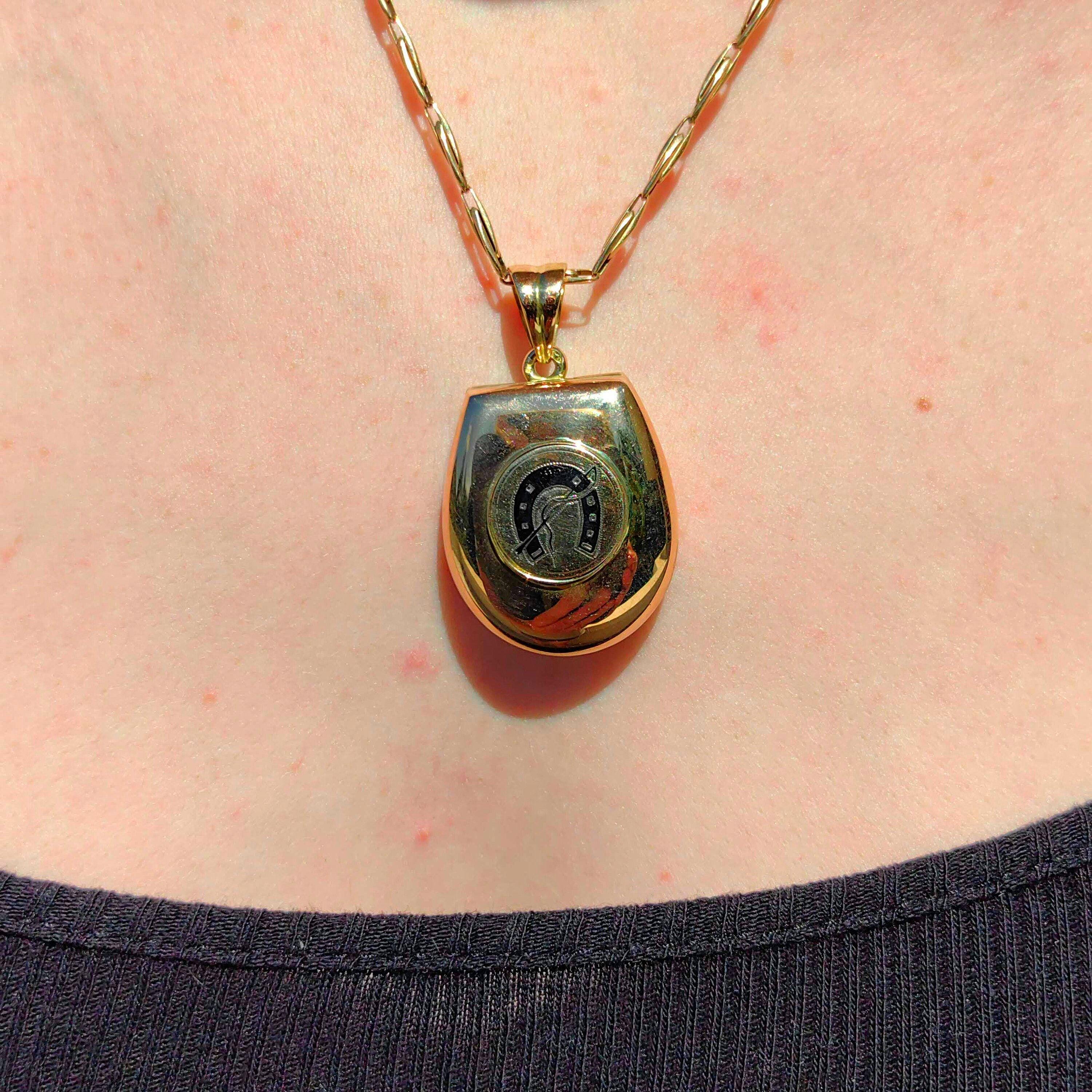Antique 14k Gold Locket Pendant: Art Nouveau Enamel Horseshoe Design