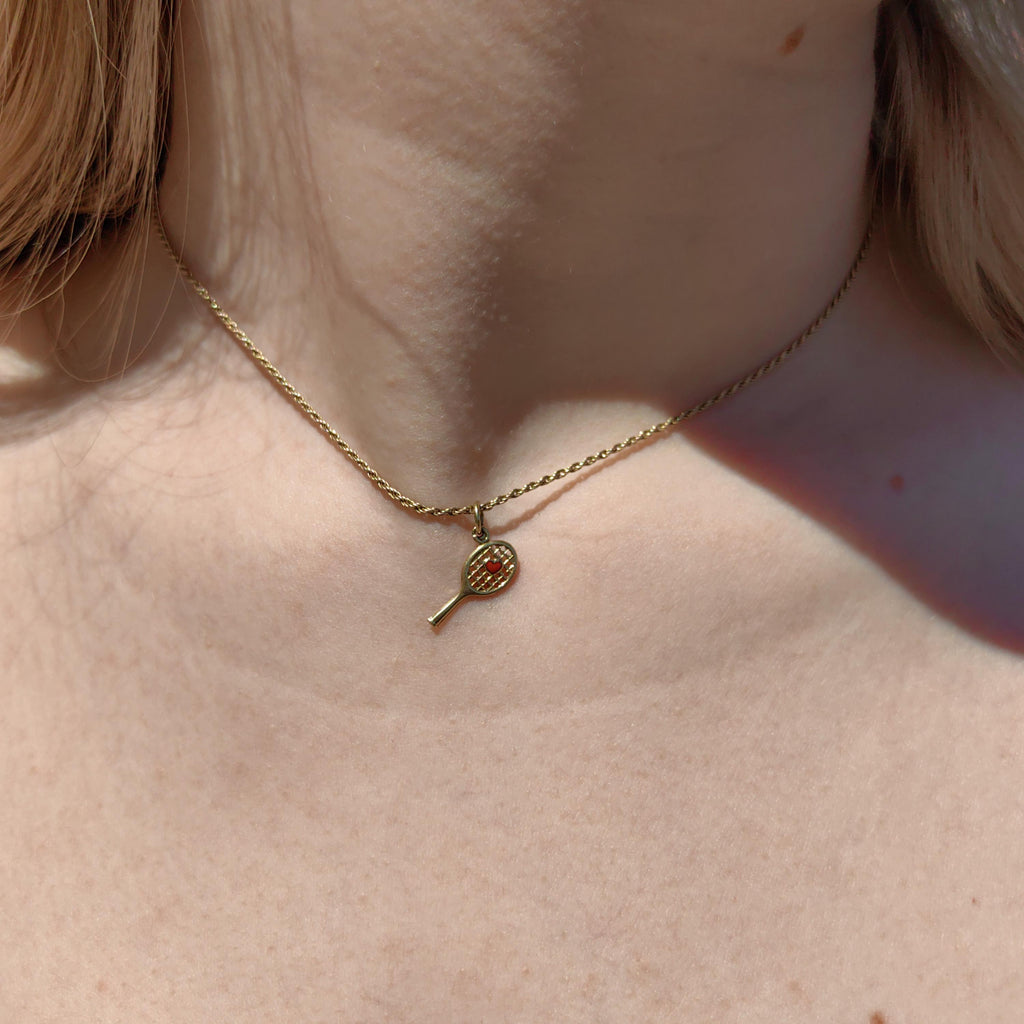 Vintage 14k Solid Yellow Gold Tennis Racket Sports Lover Necklace Pendant Red Heart Hand Painted Fire Enamel Charm Gift for Tennis Player