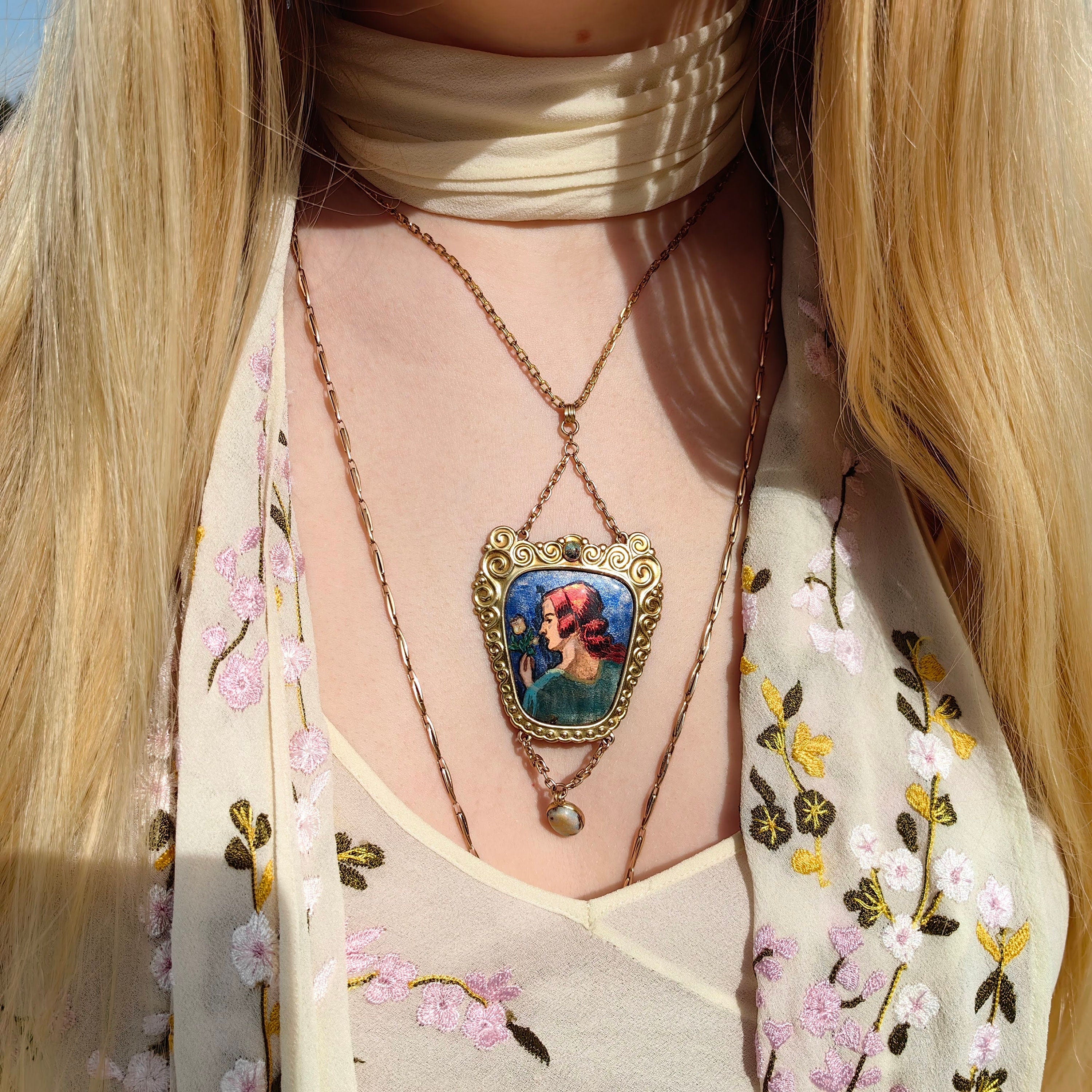 Art Nouveau Antique Vintage Gold Enamel Portrait Opal and Turquoise Pendant