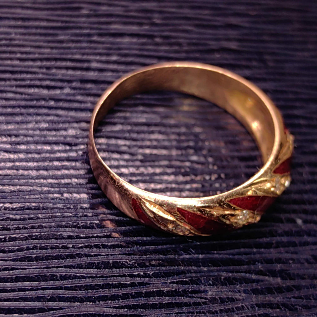 Vintage 1950s Diamond Solid 14k Yellow Gold Red Hand Painted Fire Enamel Wave Design Wedding Band Ring Gift for Her