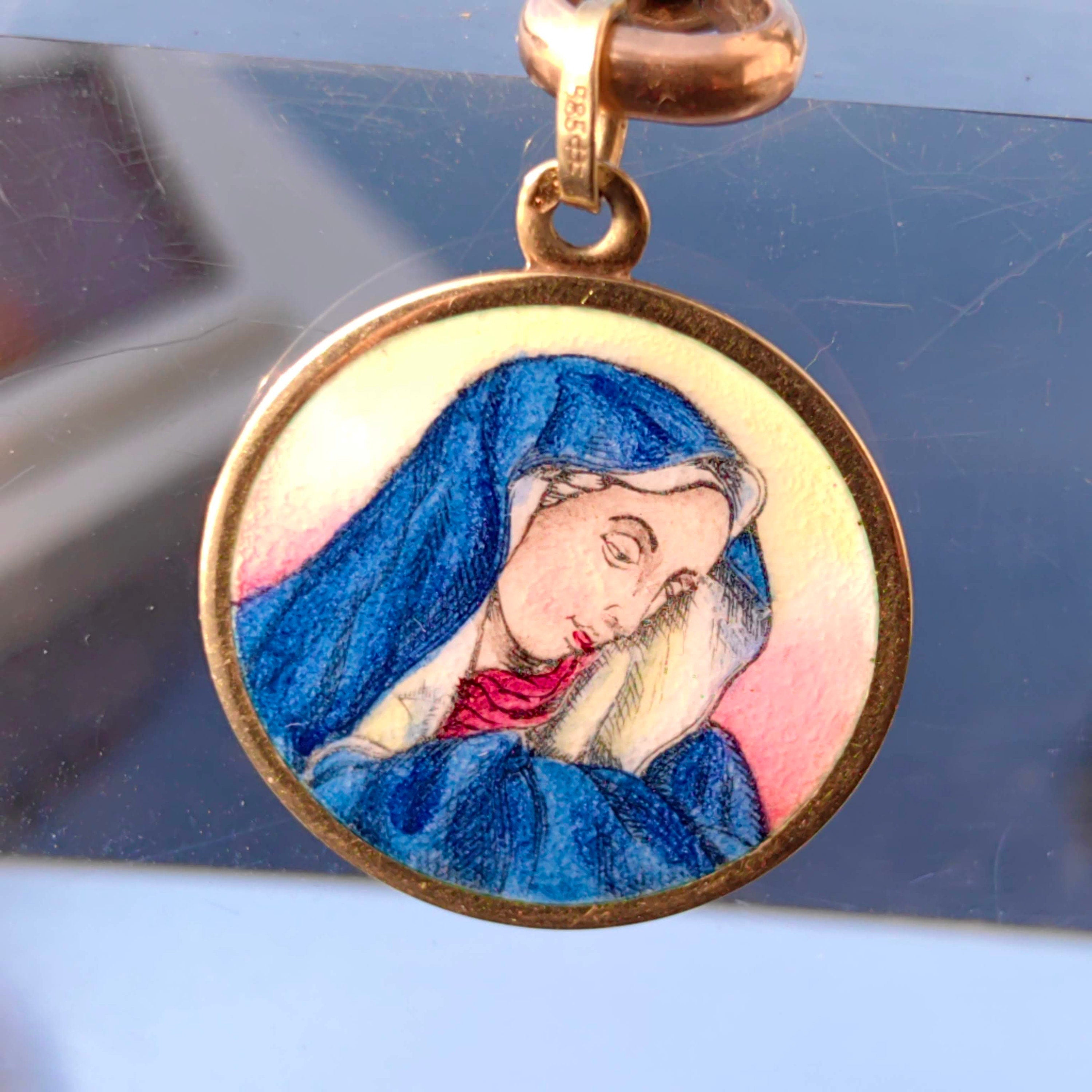 Vintage 14K Gold Virgin Mary Pendant: Hand-Painted Enamel Catholic Charm