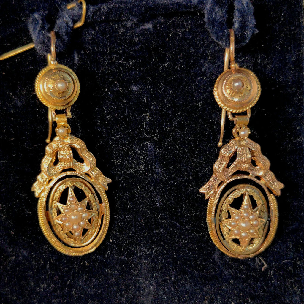 18k Yellow Gold Pearl Dangle Earrings: Antique Bow Star Design