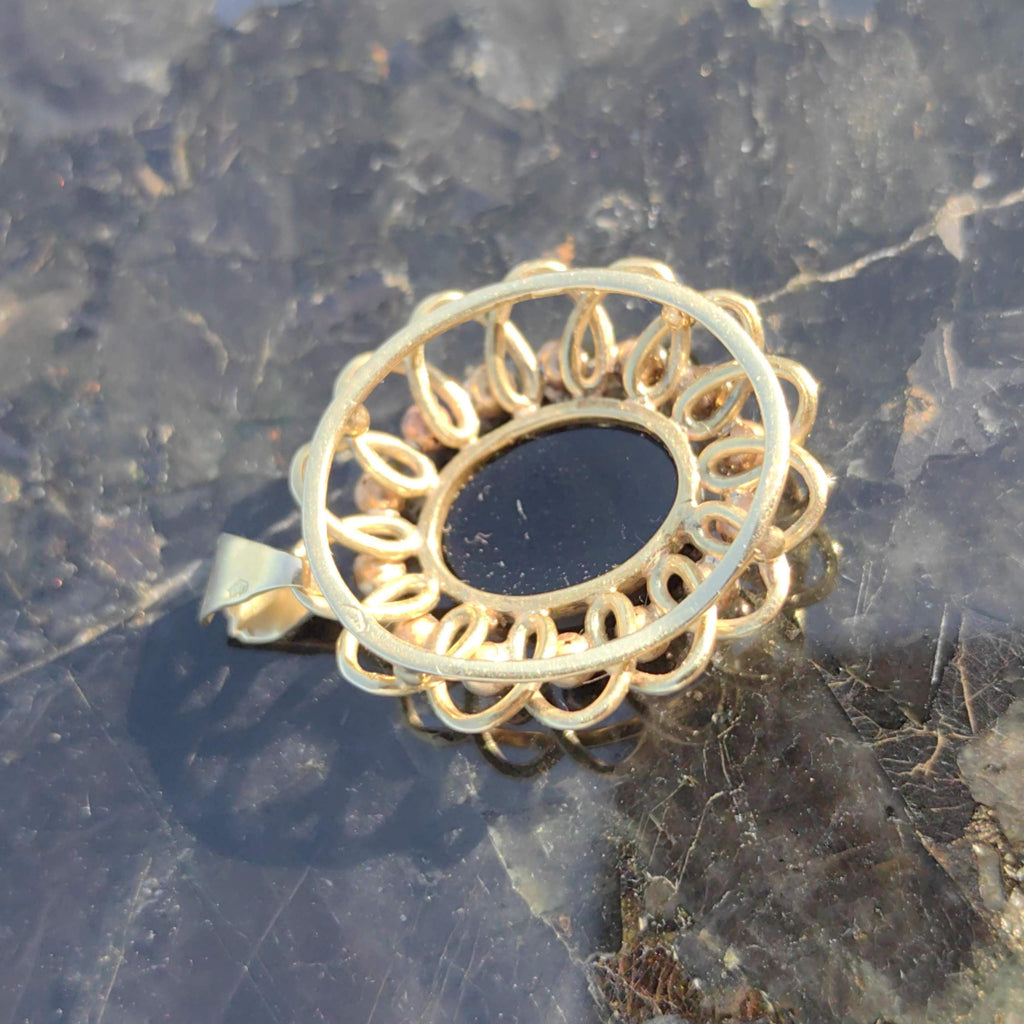 Vintage Black Onyx Yellow Gold Pendant - 1960s Statement Charm