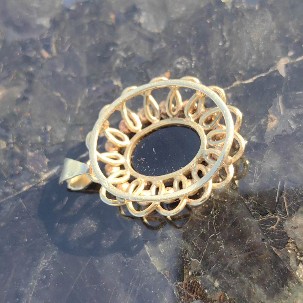 Vintage Black Onyx Yellow Gold Pendant - 1960s Statement Charm