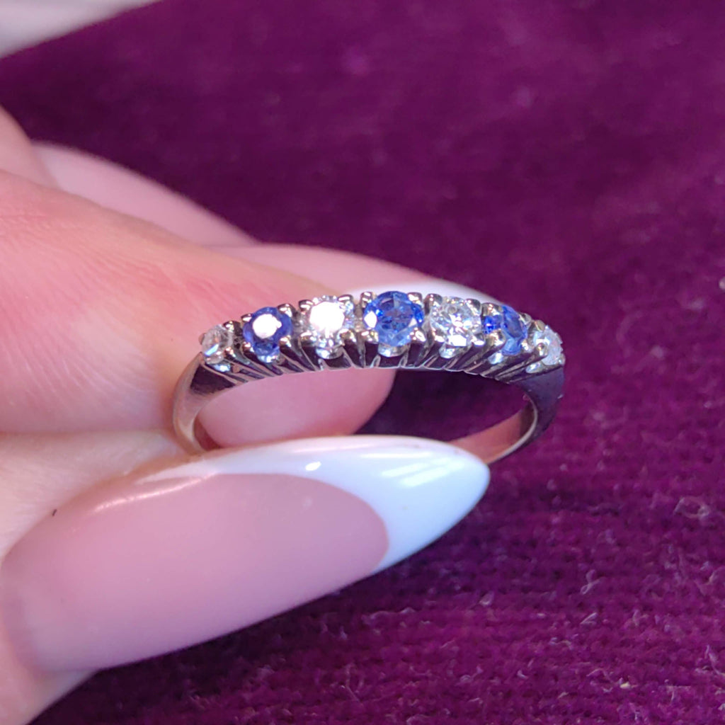 Vintage Sapphire Diamond Band 1950s Mid Century 18k White Gold Engagement Ring, Elegant Gift for Her Present Stackable Ring