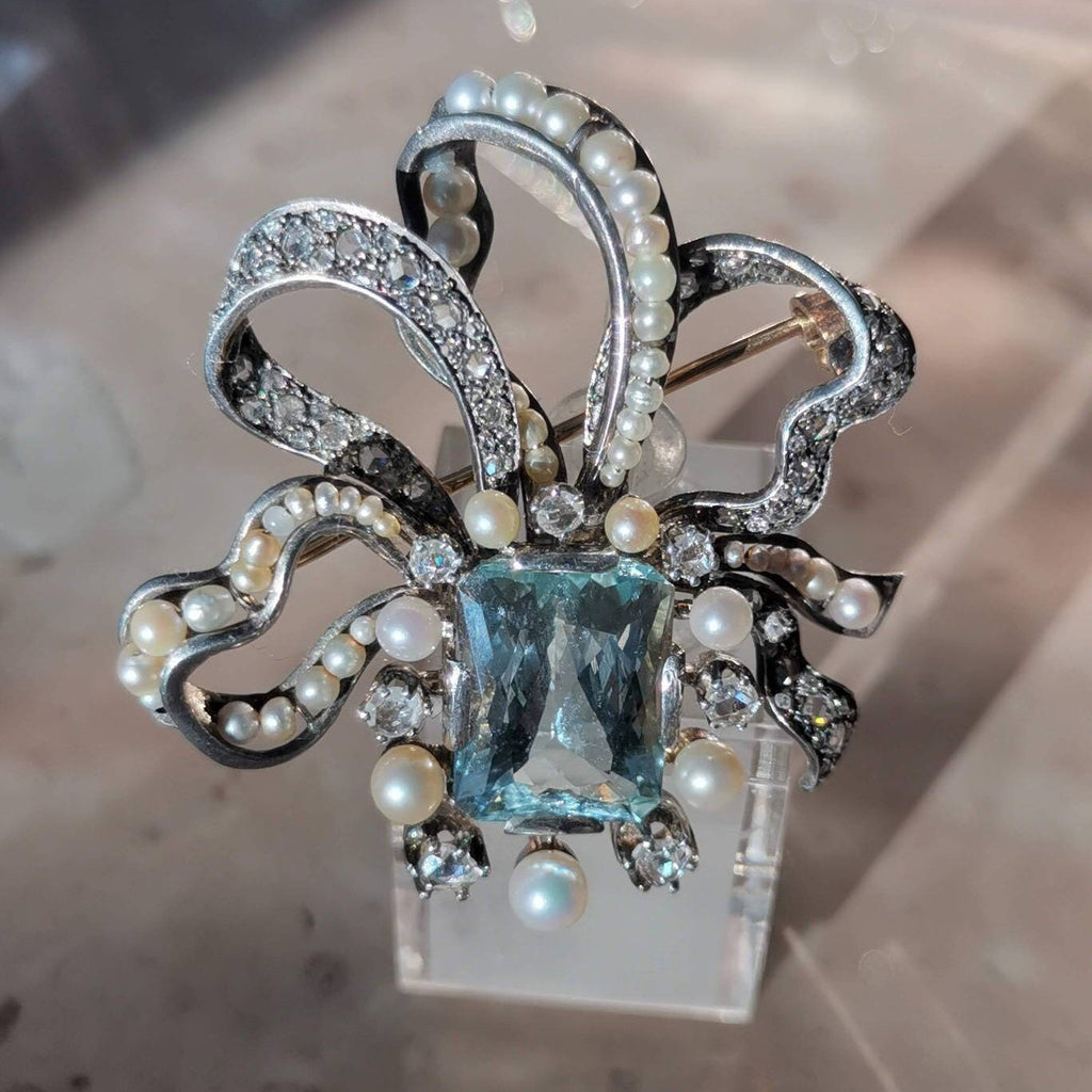 Victorian Blue Aquamarine Statement Brooch Elegant Pendant 14k Solid Gold Diamond & Pearl Bow Necklace Gift