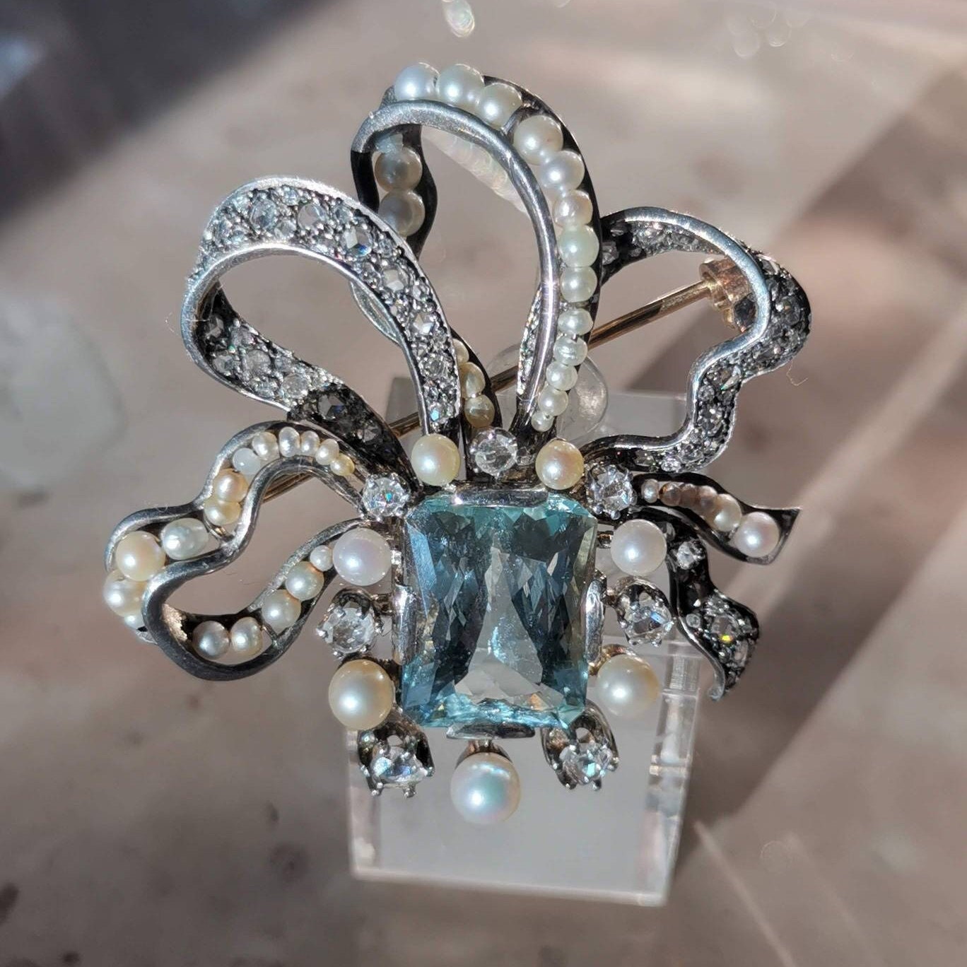 Victorian Blue Aquamarine Statement Brooch Elegant Pendant 14k Solid Gold Diamond & Pearl Bow Necklace Gift