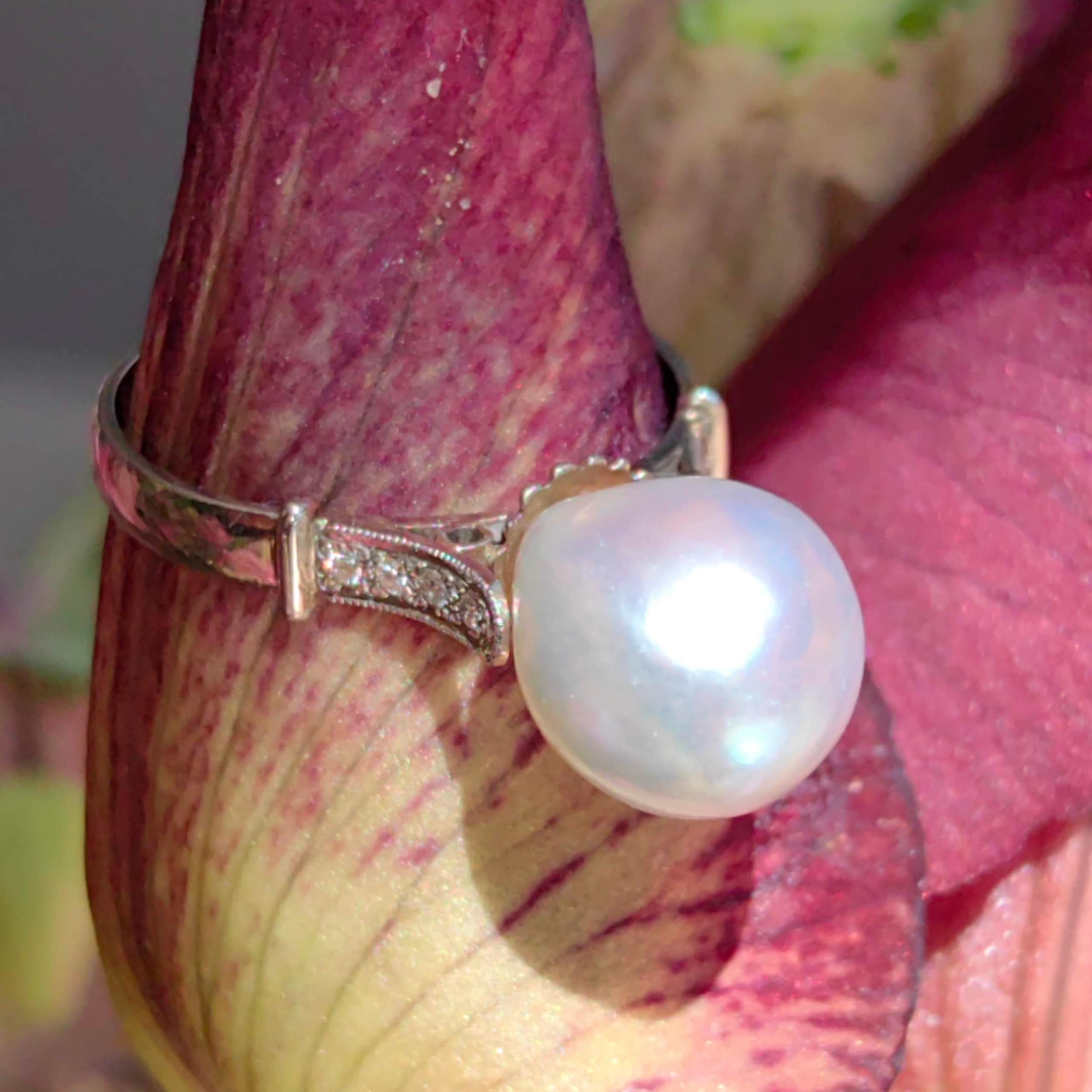 1940s Pearl Diamond Ring: Antique 18k White Gold, Size 6.5