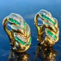 Mid Century 18k Yellow Gold Braided Knot Earrings 0.32ct Emeralds 0.80ct Diamonds 9.2g Vintage Statement Jewelry Gift for Her Omega closure.
