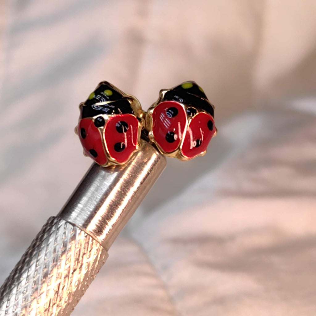 14k Gold Ladybug Stud Earrings: Red & Black Enamel, Retro Dainty Gift