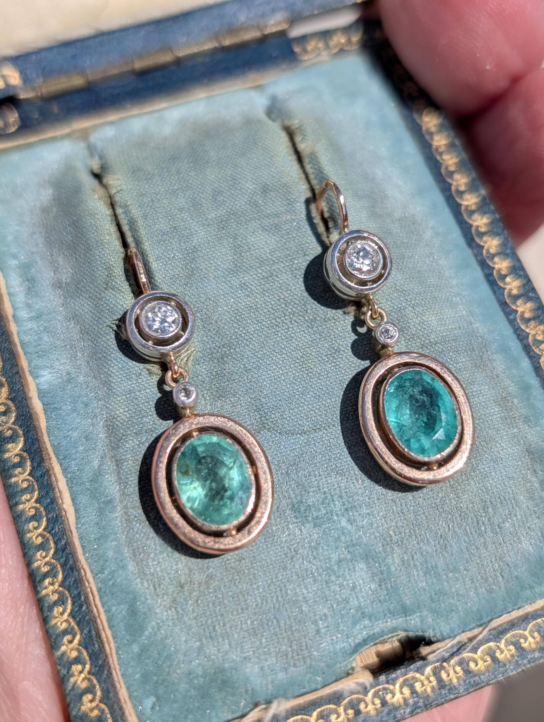 1920s Antique Emerald Diamond Dangle Drop Earrings, 14k Yellow Gold Heirloom Jewelry