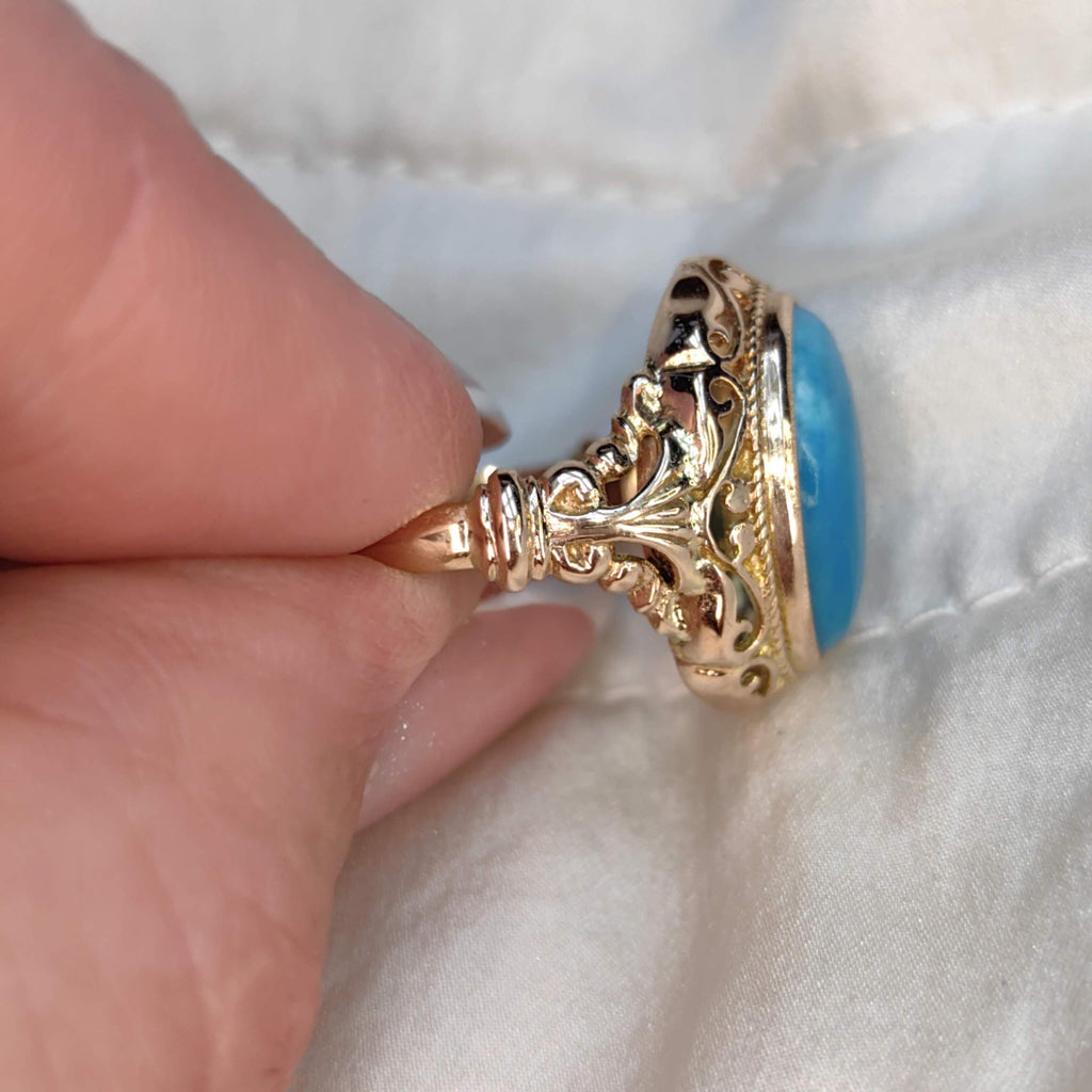 Vintage 14k Solid Yellow Gold Natural Blue Turquoise Ring, Antique 1930s Hand Chiseled Statement Jewelry Gift for Her