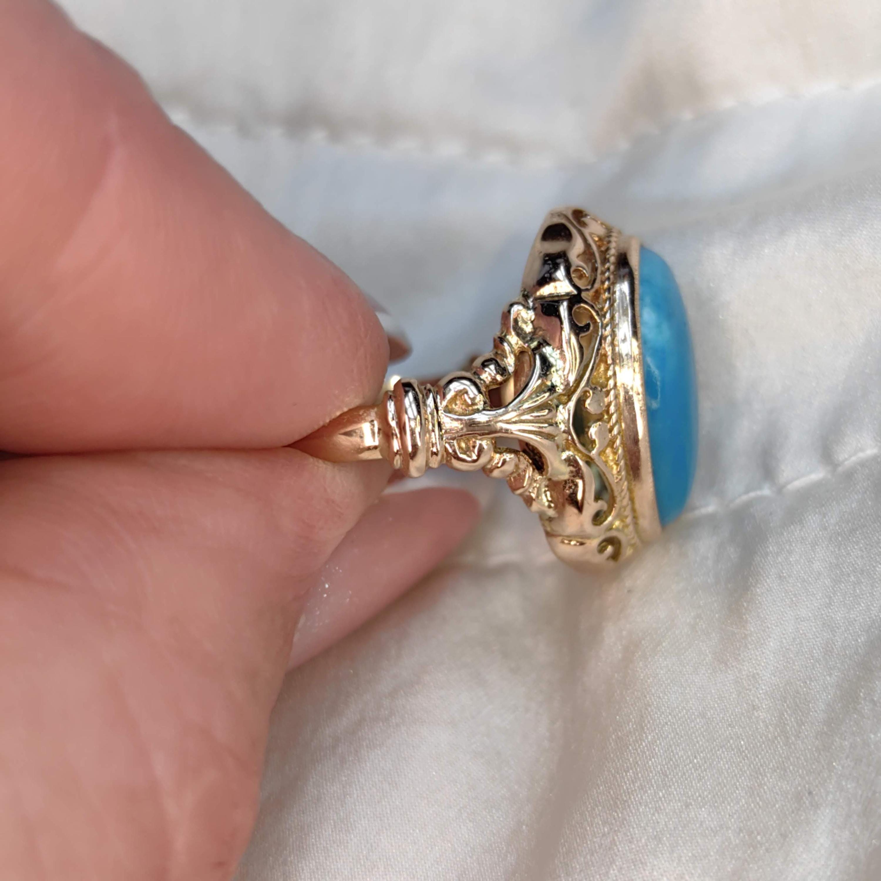 Vintage 14k Solid Yellow Gold Natural Blue Turquoise Ring, Antique 1930s Hand Chiseled Statement Jewelry Gift for Her