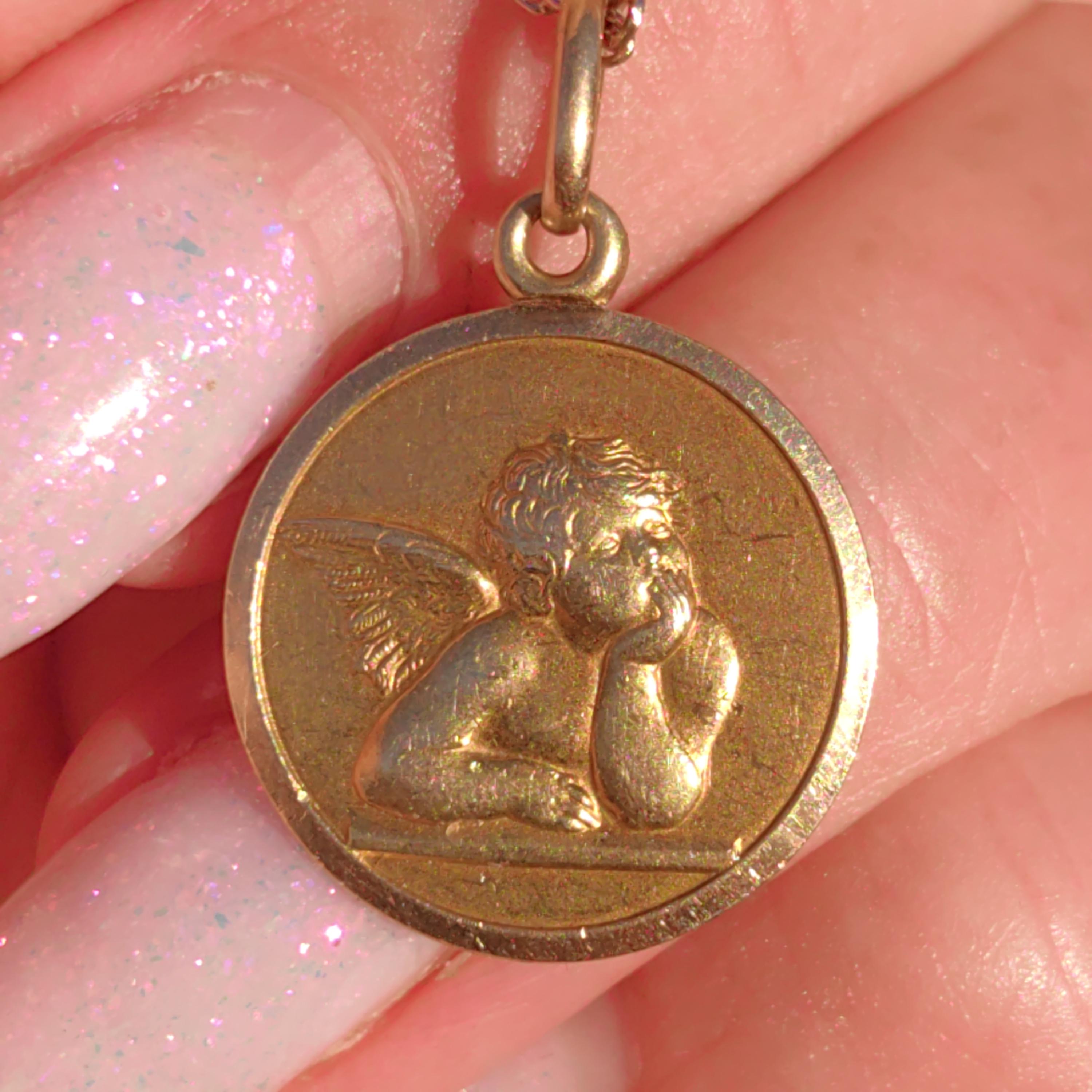 Vintage 18k Gold Cupid Angel Pendant: Religious Catholic Charm
