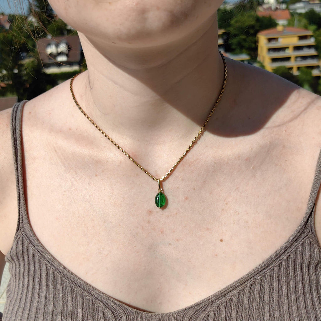 14K Solid Yellow Gold Vintage Antique Art Deco 1930s Green Paste Stone Necklace Pendant Bracelet Charm Gift for her Present Emerald