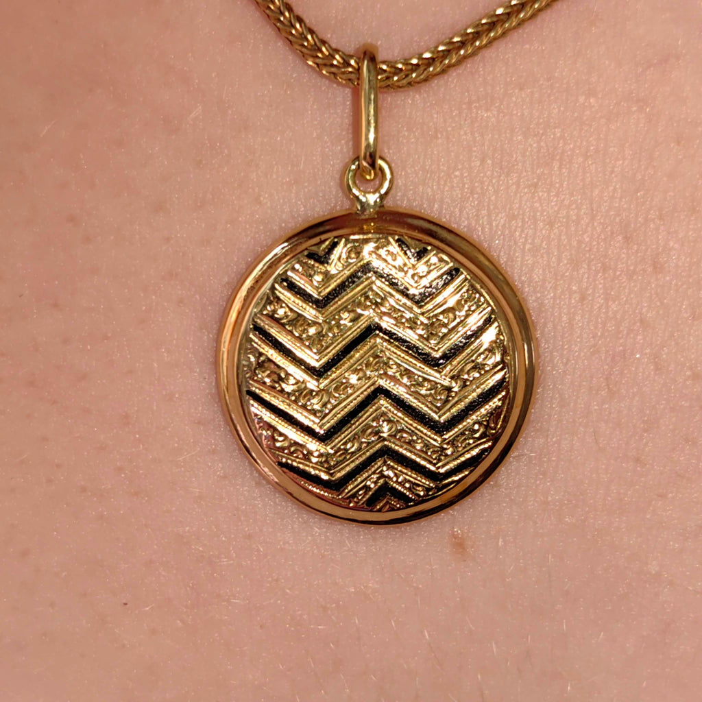 Antique Art Deco 14k Gold Pendant: Black Enamel Geometric Design