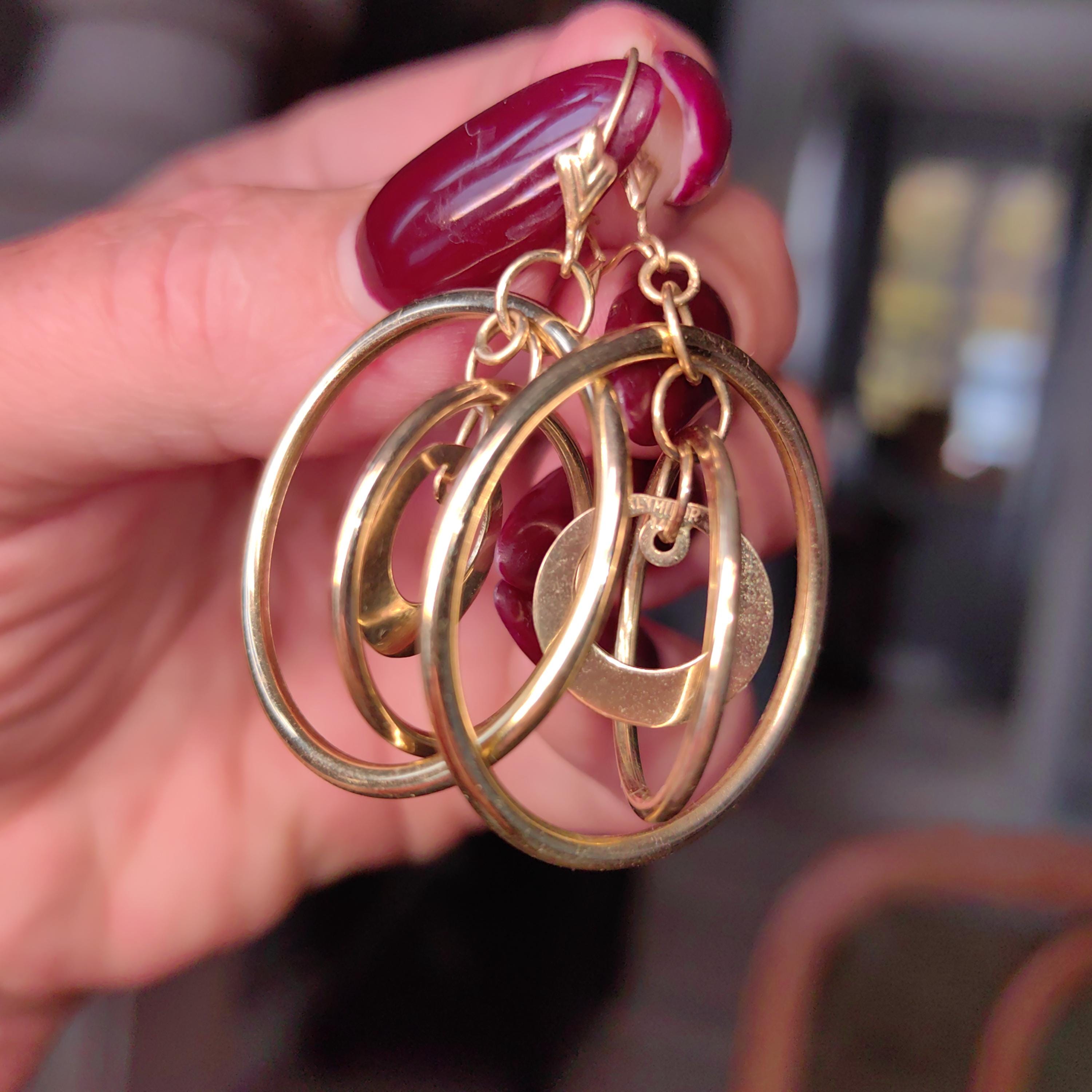 14k Yellow Gold Italy Round Dangle Drop Large Circle Hoop Gipsy Earrings Handmade Gift for Her Present