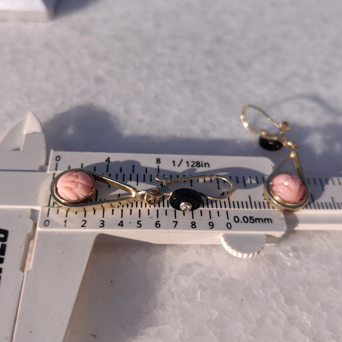 Art Deco Coral Dangle Earrings: Diamond, Onyx, 14k Gold, 1940s Vintage