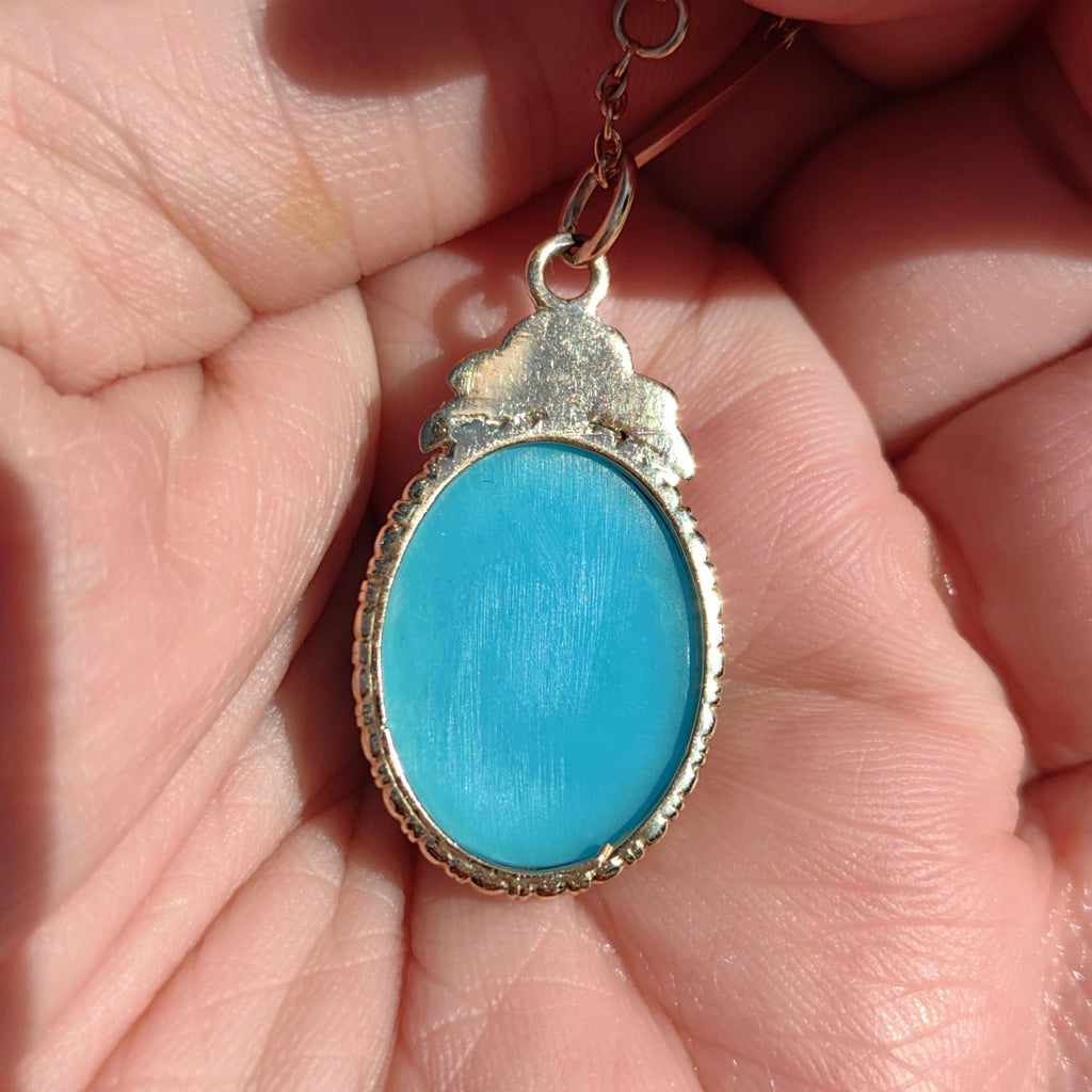 Art Deco 1920s Turquoise large oval quality natural mined Solid 14k Hallmarked Yellow Rose Gold Pendant Charm Necklace gift