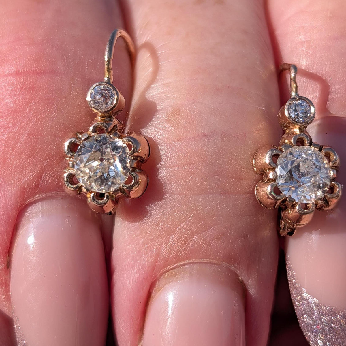 Antique Diamond Sleeper Earrings 14K Gold Hallmarked 1940s Floral Old Cut Diamond Earrings Vintage Bridal Gift for Her