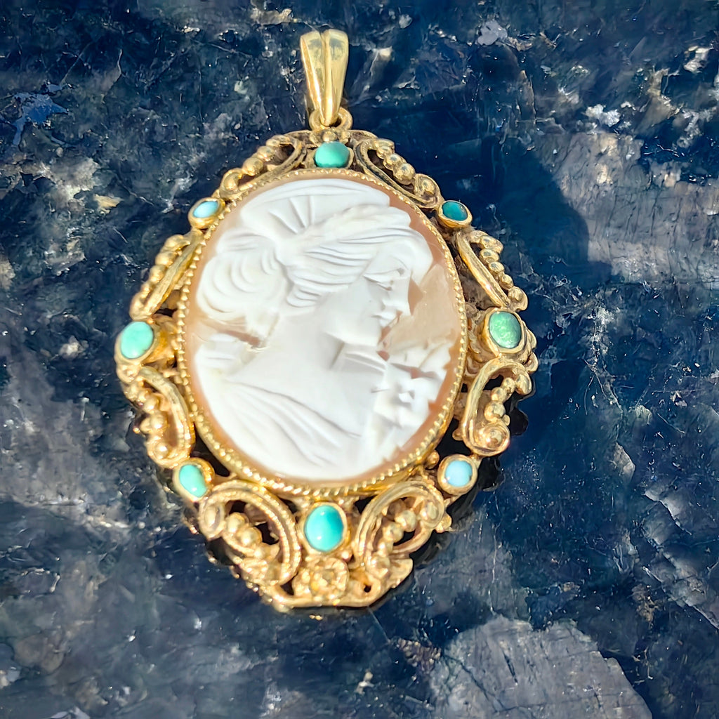 Victorian Antique Vintage Cameo Turquoise Gold plated Silver Frame Pendant