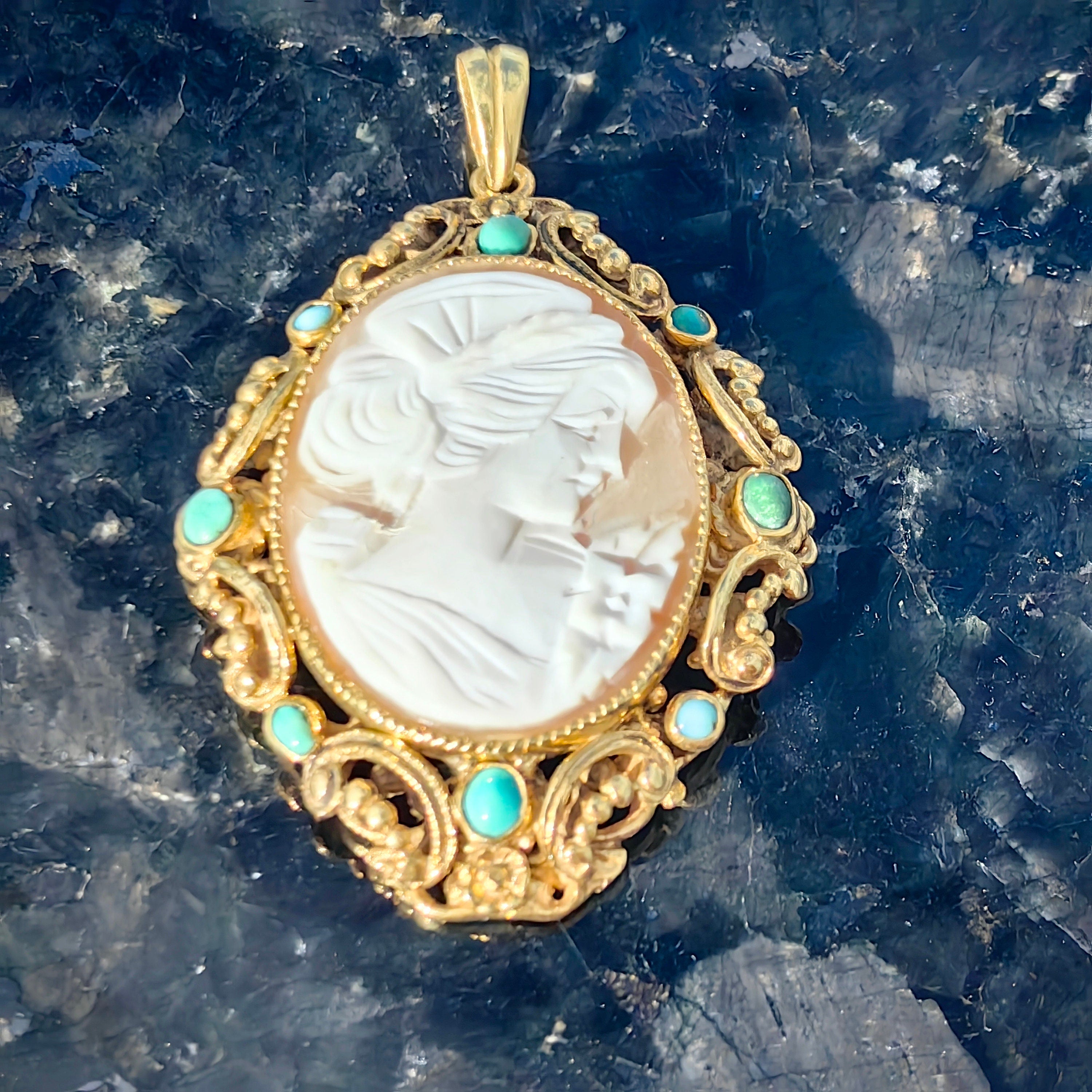 Victorian Antique Vintage Cameo Turquoise Gold plated Silver Frame Pendant