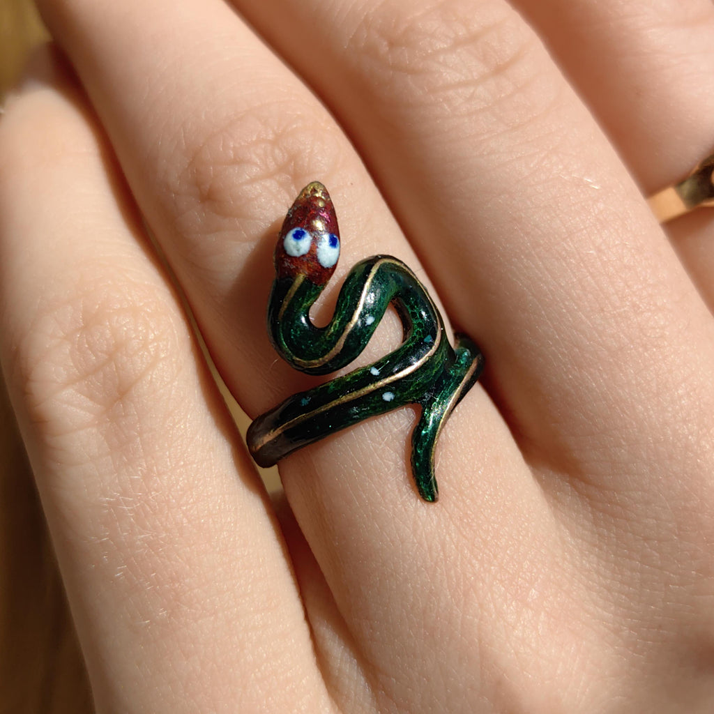Solid 14k Yellow Gold Green Fire Enamel Snake Shape Gold Band Ring Gift for Her Animal Exotic Reptile Retro Vintage Ring