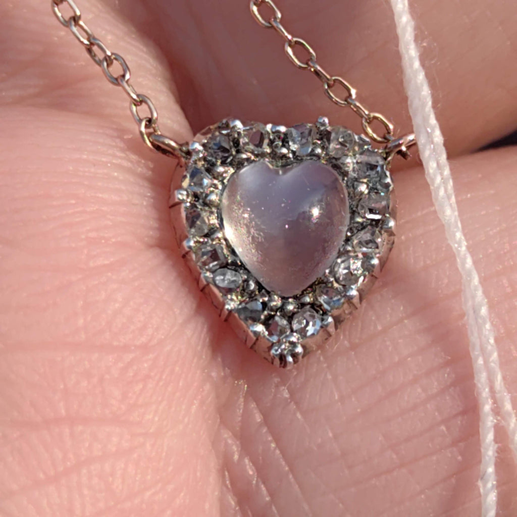 Victorian Diamond Moonstone Heart Pendant 14k Solid Yellow Gold with Chain Vintage Dainty wedding Elegant Love Jewelry Valentines Gift