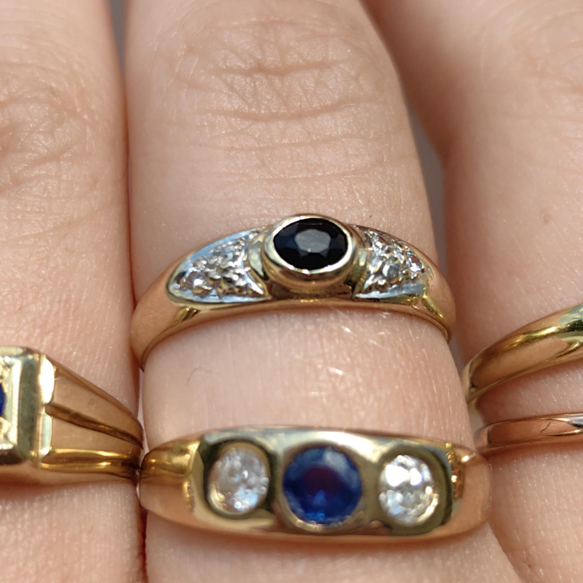 Vintage 14k Solid Yellow Gold Sapphire & Diamond Gypsy Band Ring, 585 Hallmarked Engagement or Anniversary Gift for Her