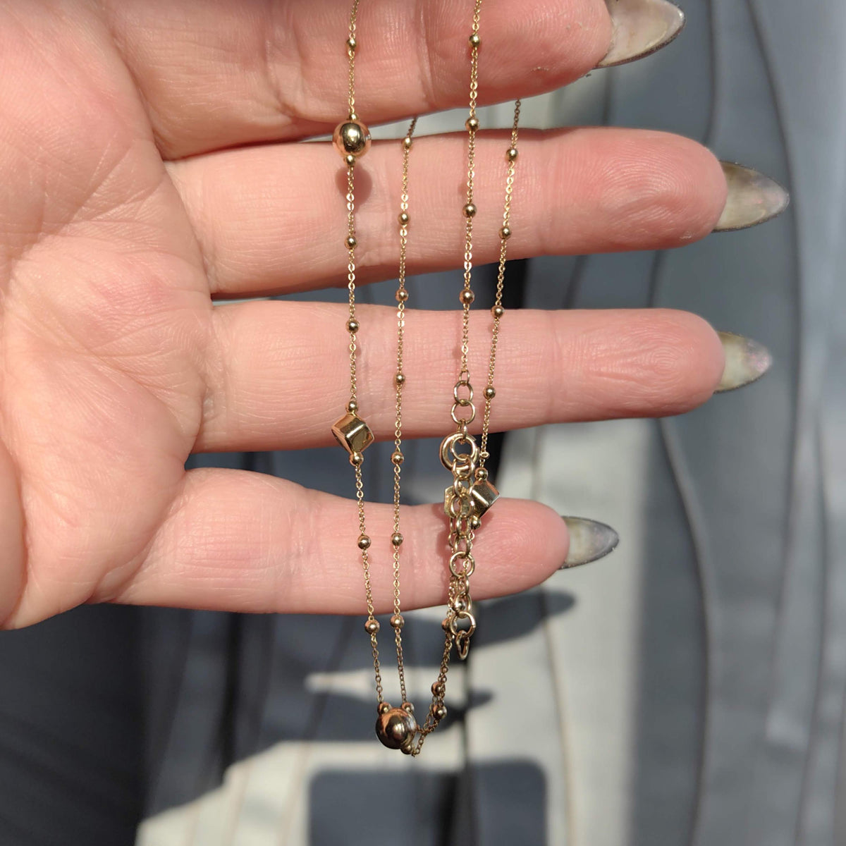 Vintage 14k Solid Yellow Gold Elegant Classic  cm Beaded Geometric Cube Minimalist Chain Necklace Gift for her Present