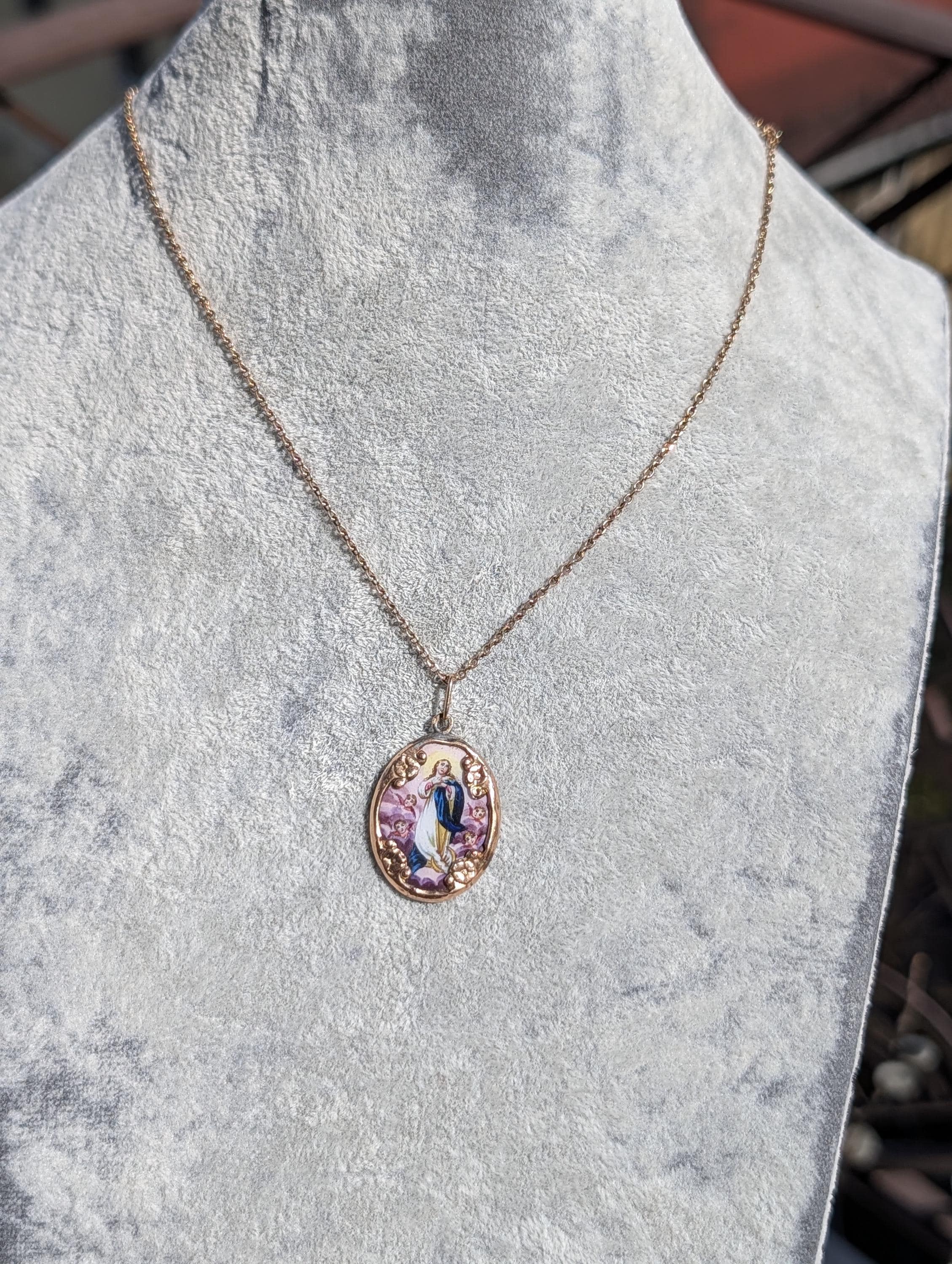 Antique 14k Gold Virgin Mary Pendant Hand Painted Enamel Religious Medal Catholic Charm Madonna Necklace Gift