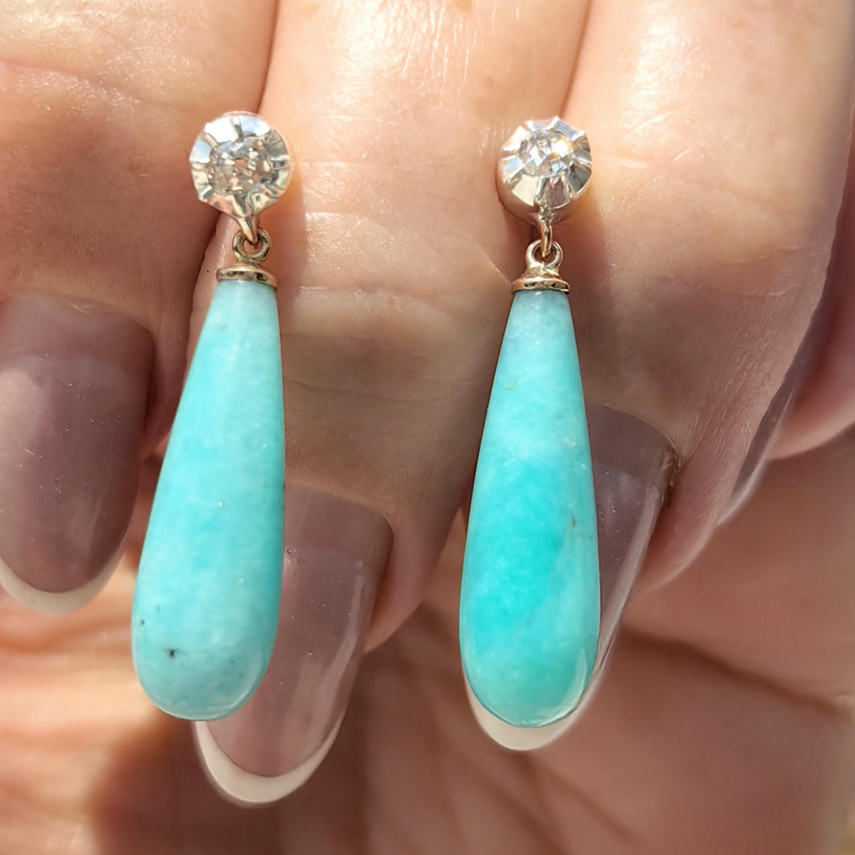 Victorian 1880s Blue Amazonite Diamond Solid 14k Gold Dangle Drop Statement Earrings Rose Cut Diamond Gift for Her Present