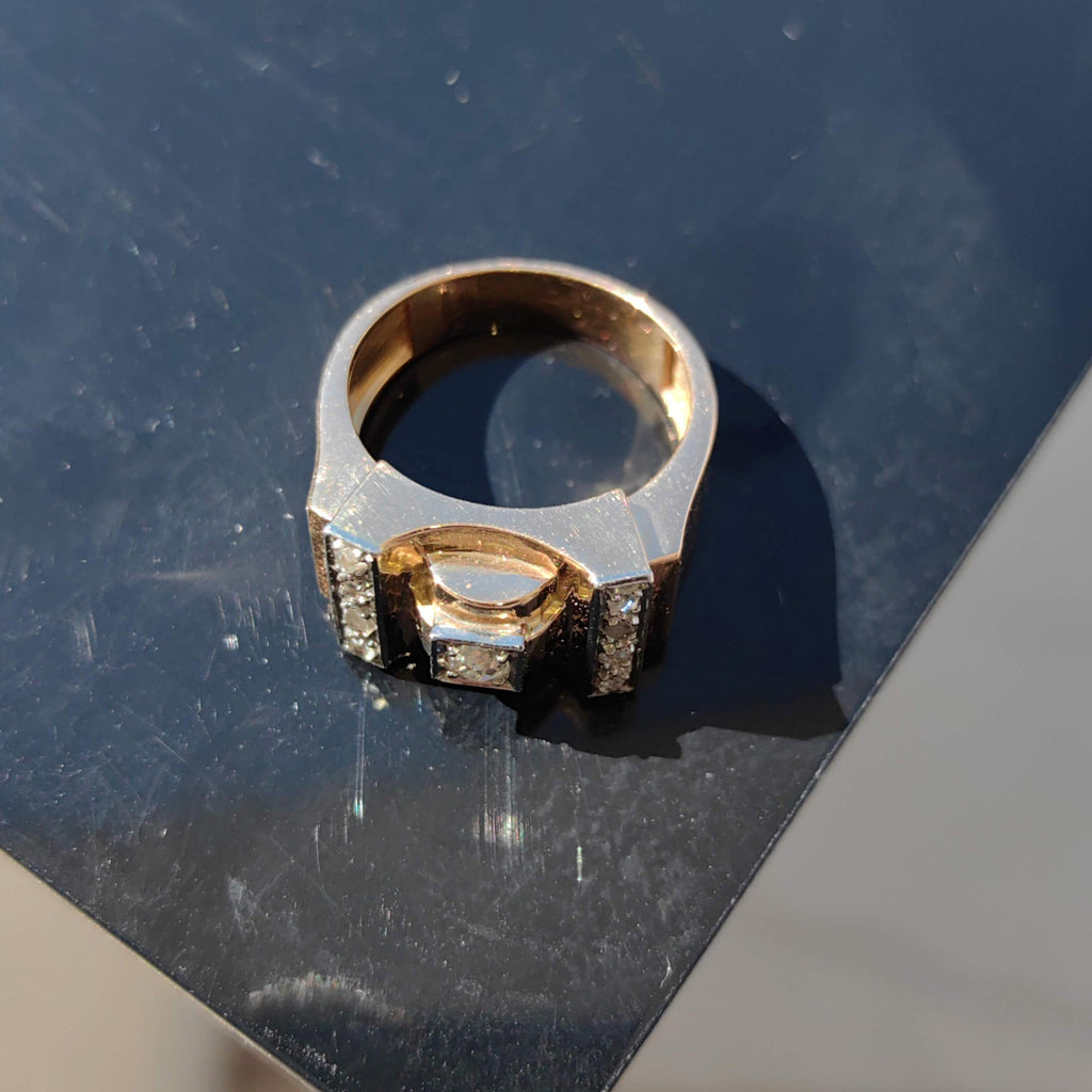 Art Deco Diamond Ring: 18k Gold Unisex Chevalier Statement Ring