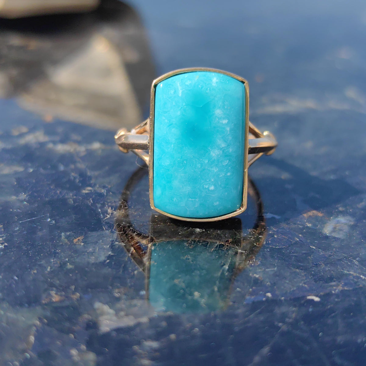 Vintage 14k Solid Yellow Gold Blue Turquoise Square Ring Antique Art Deco 1920s Gift for Her Elegant Present