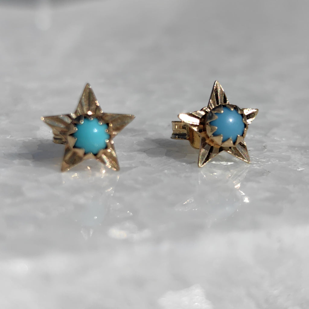 Vintage 14k Gold Turquoise Star Earrings: Mid Century Dainty Dormeuses