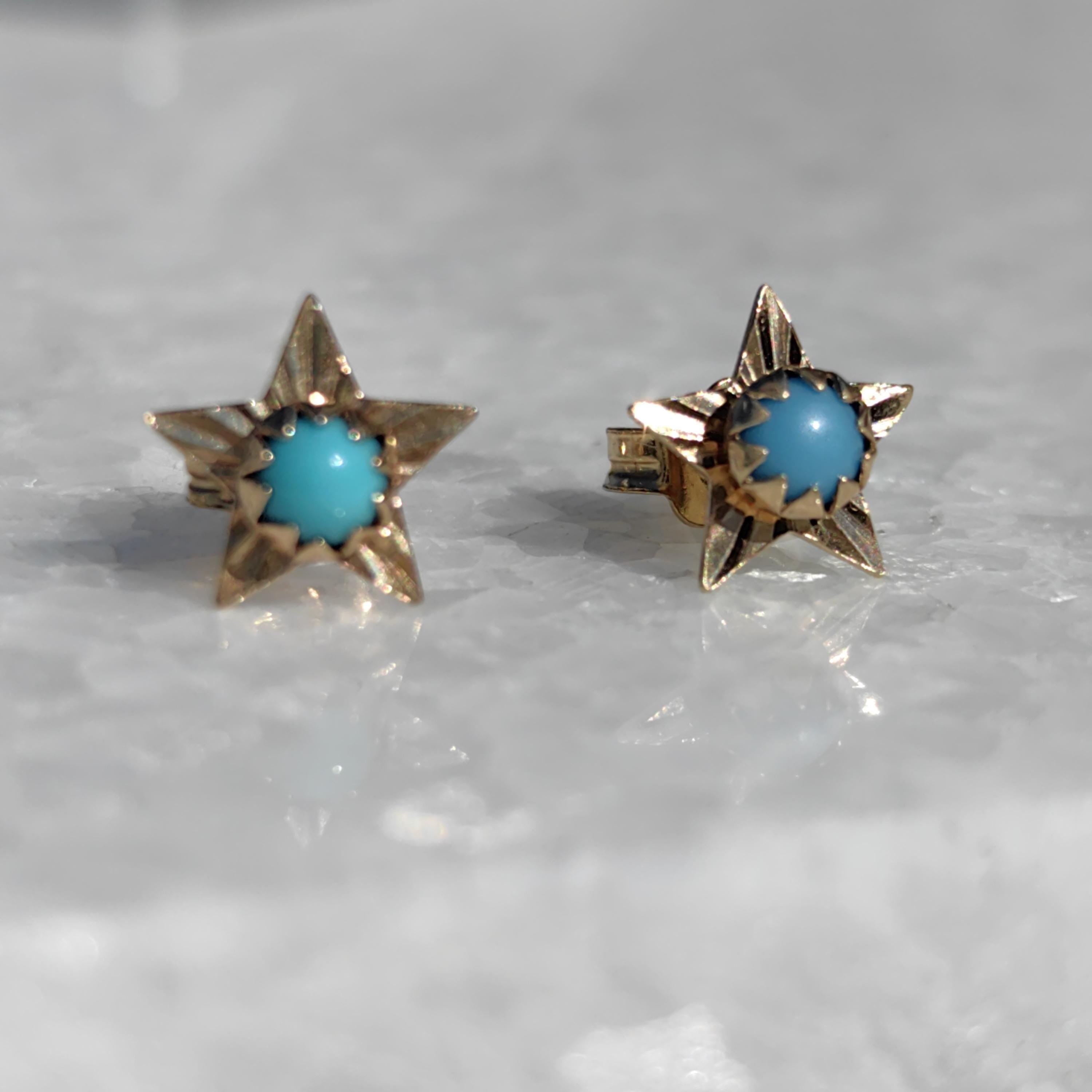 Vintage 14k Gold Turquoise Star Earrings: Mid Century Dainty Dormeuses