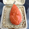 Art Deco Red Coral Cameo Pendant: 14k White Gold Carved Portrait