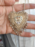 Art Deco Silver Heart Pendant Necklace: Filigree Enamel, Long Chain