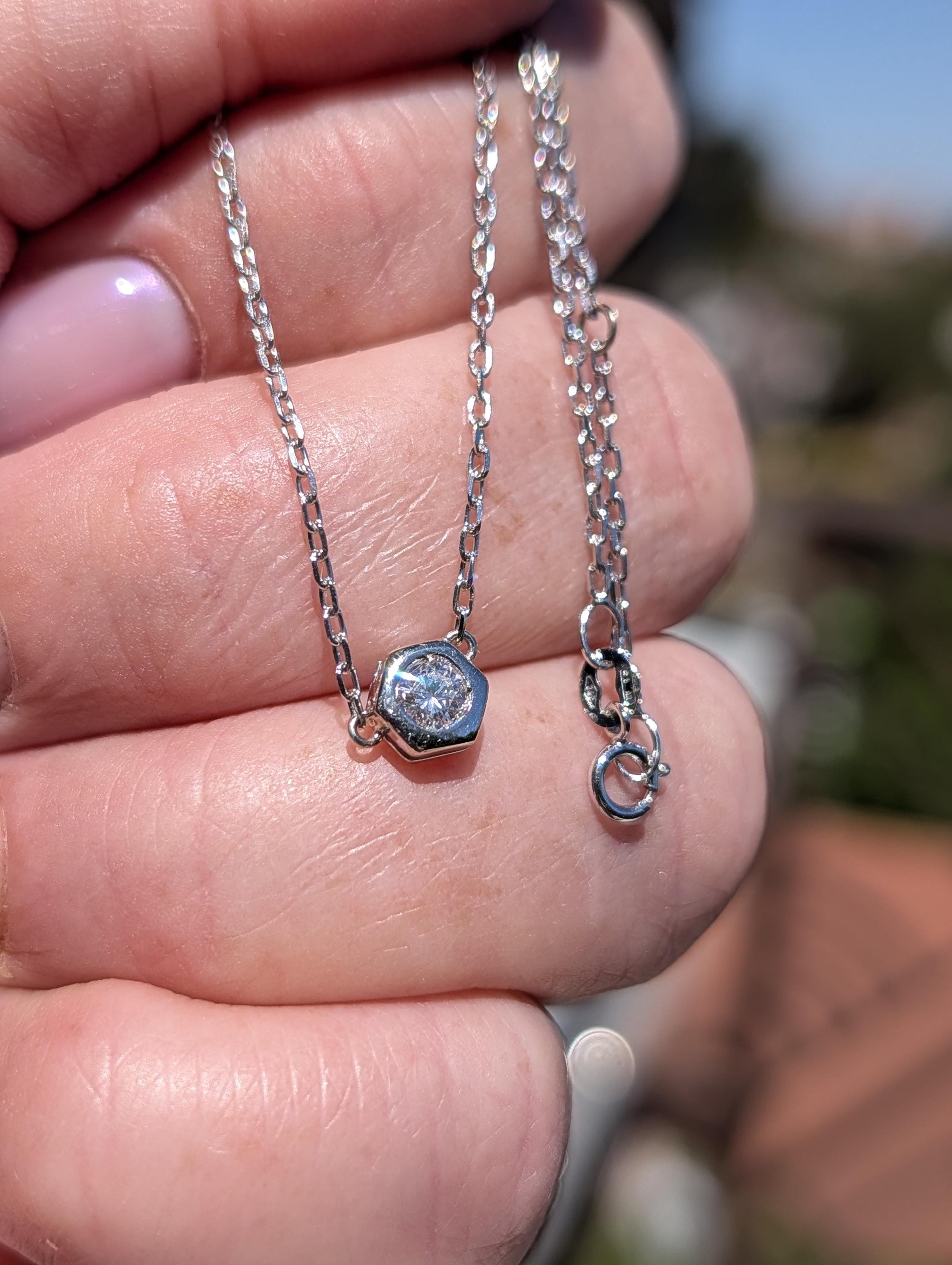 Vintage 14k and  9k 375 White Gold Diamond Necklace, 1950s Brilliant Cut Solitaire Pendant, Dainty Adjustable Gift for Her