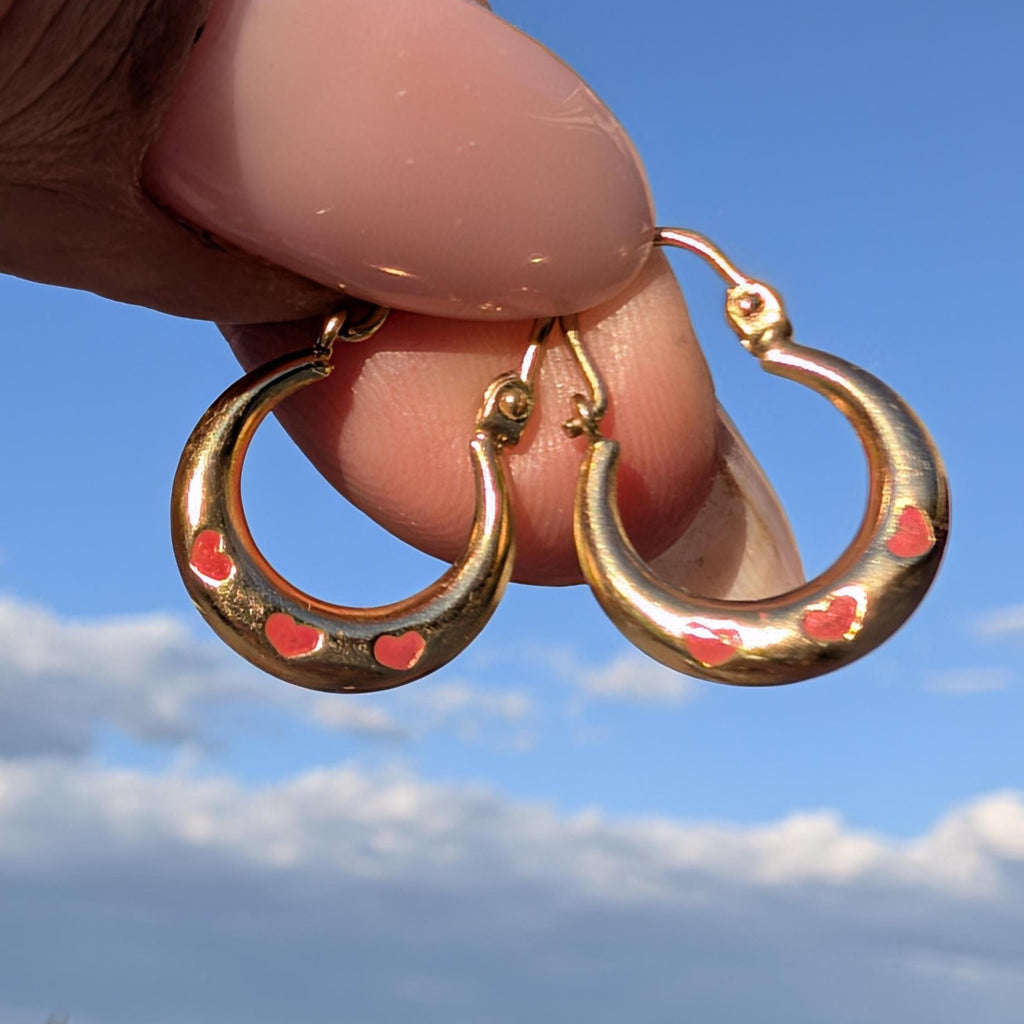 Vintage 1980s 14k Yellow Gold Puffed Hoop Earrings, Pink Enamel Heart Creole Gypsy Dangles, Gift for Her