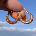 Vintage 1980s 14k Yellow Gold Puffed Hoop Earrings, Pink Enamel Heart Creole Gypsy Dangles, Gift for Her