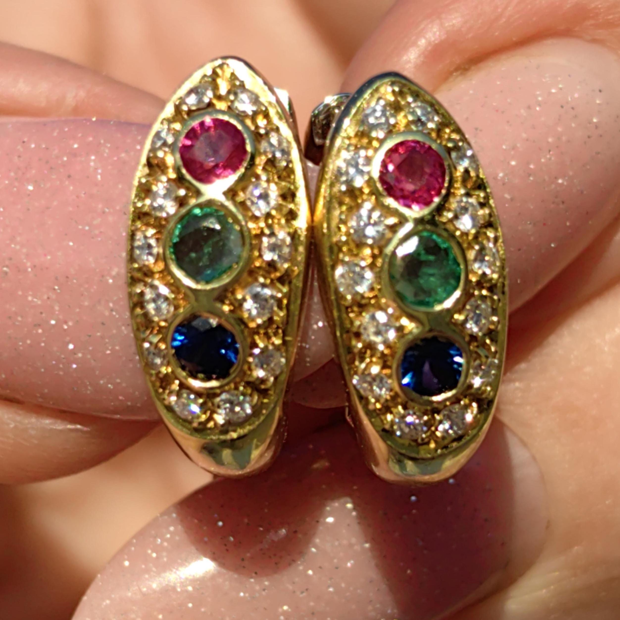 18k Gold Tutti Frutti Gemstone Hoop Earrings: Diamond, Ruby, Sapphire, Emerald