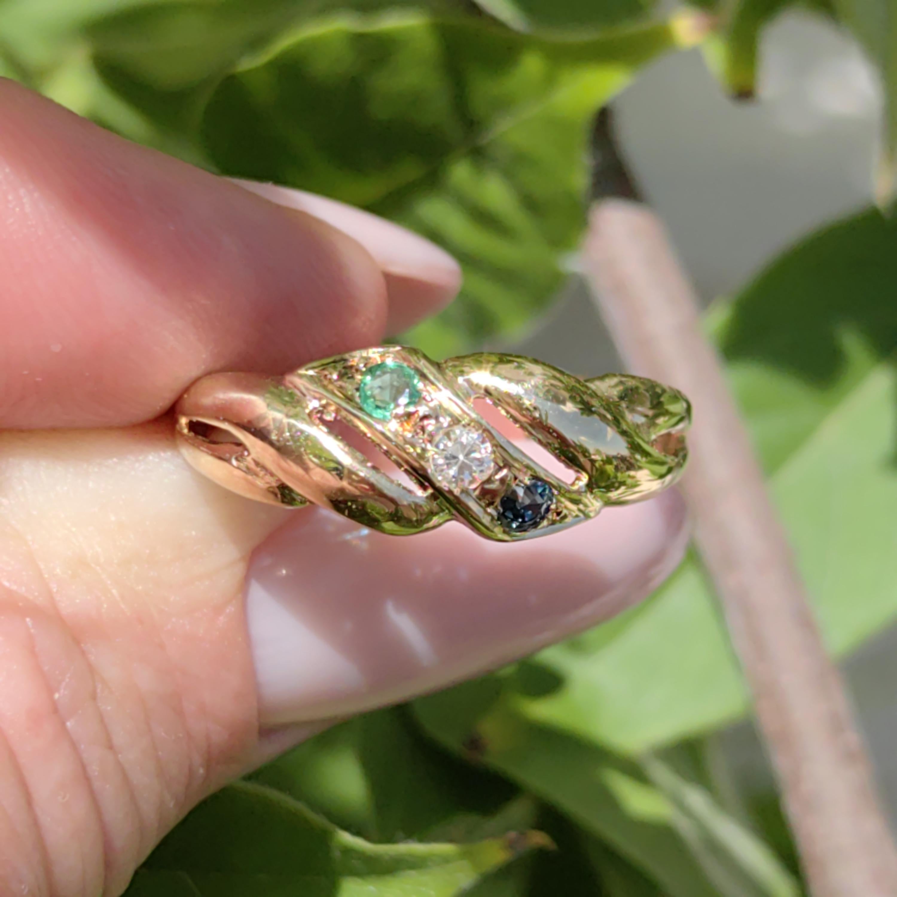 Natural Green Emerald Blue Sapphire Diamond 14k Solid Yellow Gold Vintage Antique Wave Shaped  Multi Stone Elegant Band Engagement Ring
