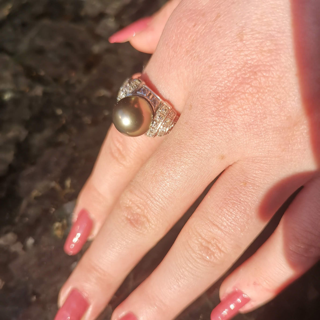 Art Deco Tahitian Pearl Diamond Ring - 1920s White Gold